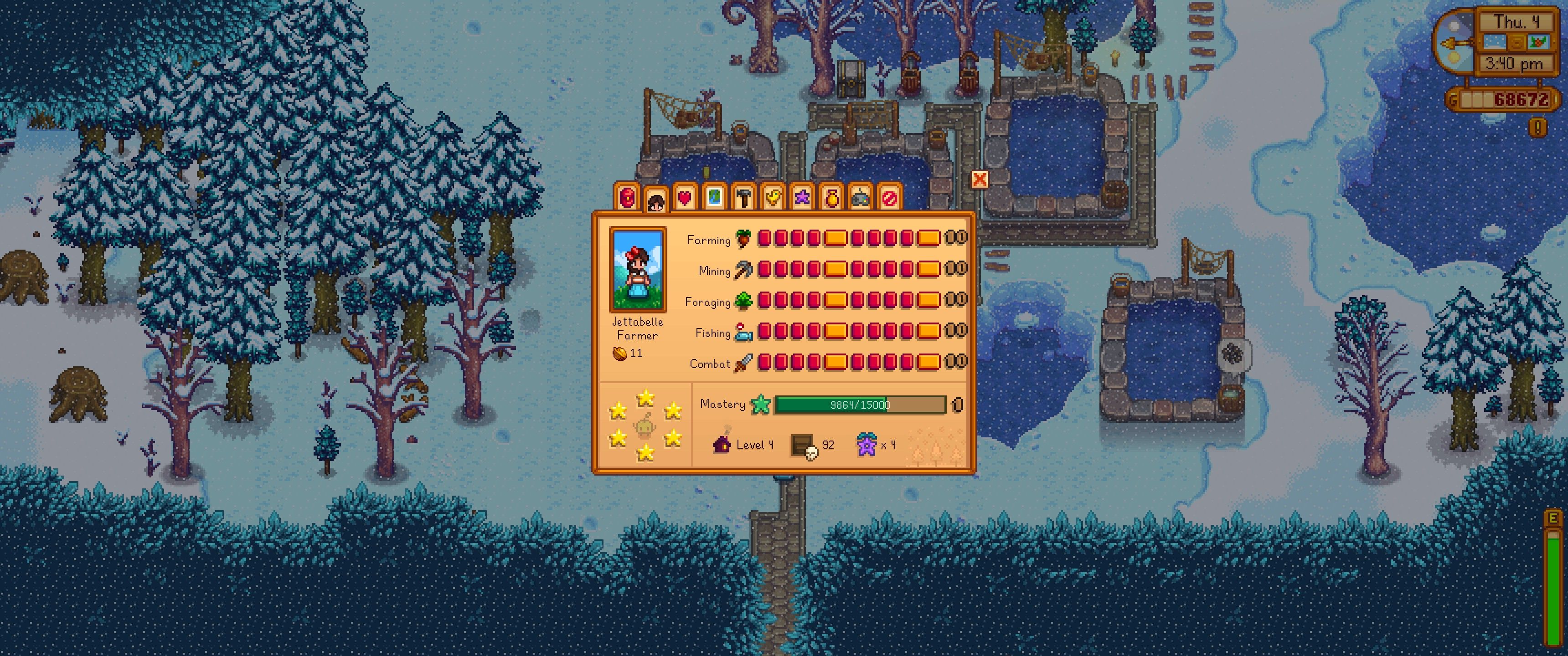 Stardew Valley: An image of the player's skills tab with full skill completion.