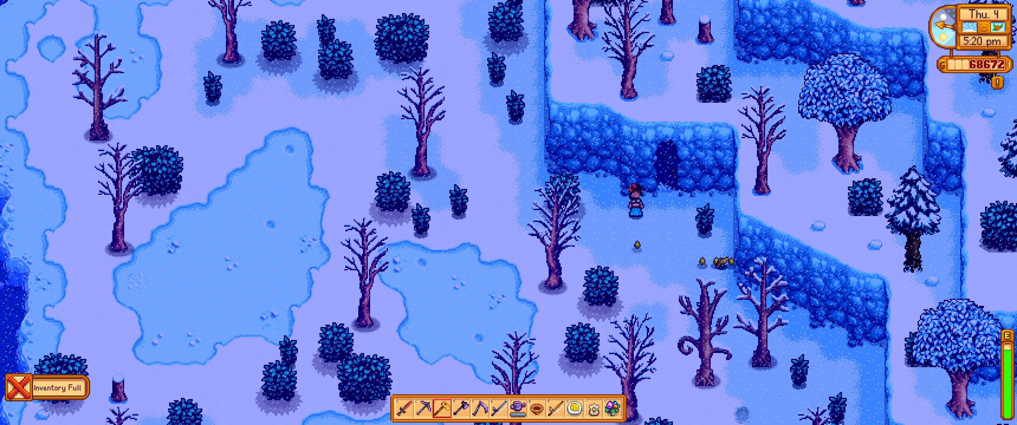 Stardew Valley: The player stands in front of the Mastery Cave.