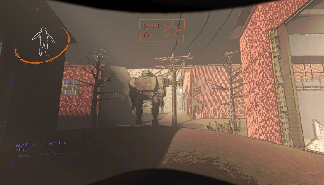 Player character walking in between four warehouses and towards an Old Bird on Artifice in Lethal Company.