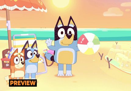 bandit waving with the rest of bluey's family on the beach