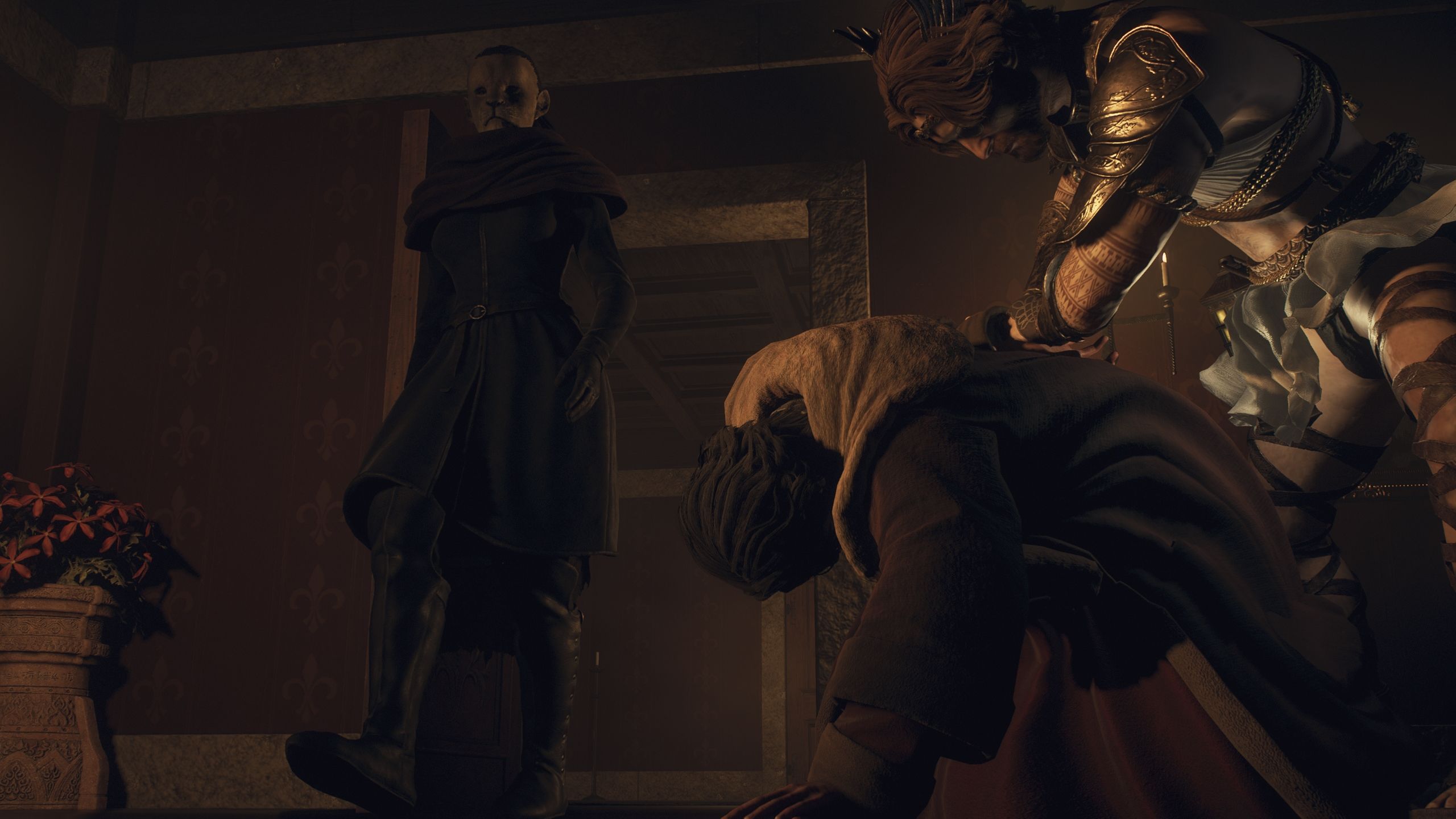 A scene of the Arisen grabbing Allard and a mysterious lady coming in - Dragon's Dogma 2