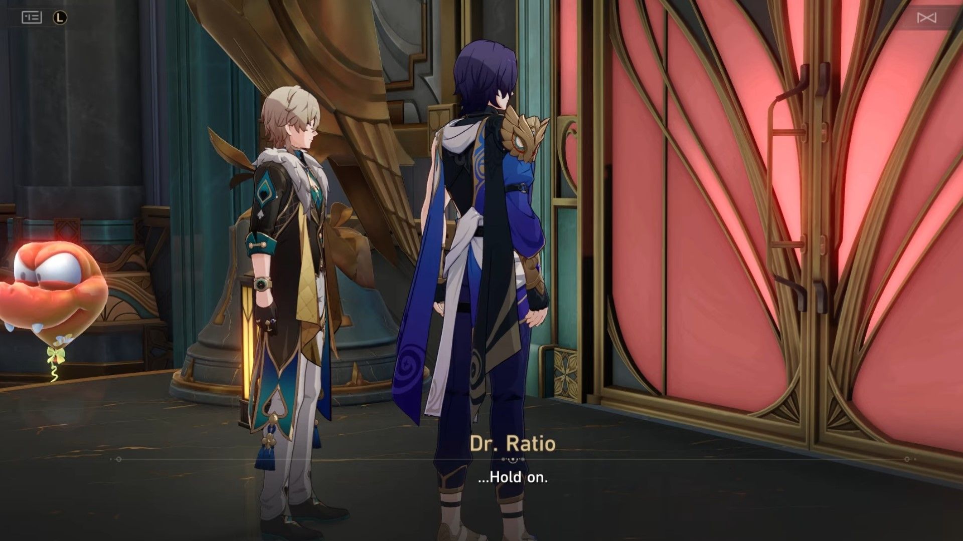 Dr. Ratio and Aventurine stand in front of a door in Honkai Star Rail.