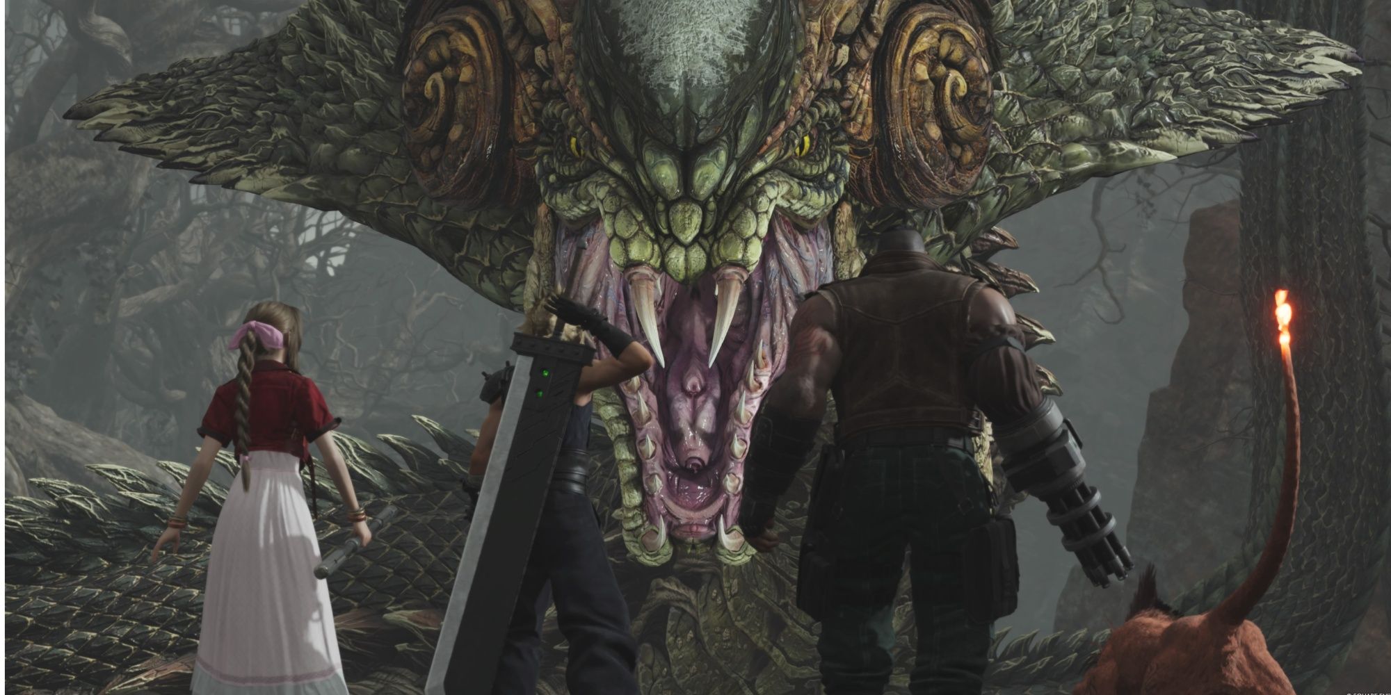 Aerith, Cloud, Barret, and Red XIII facing a giant serpent