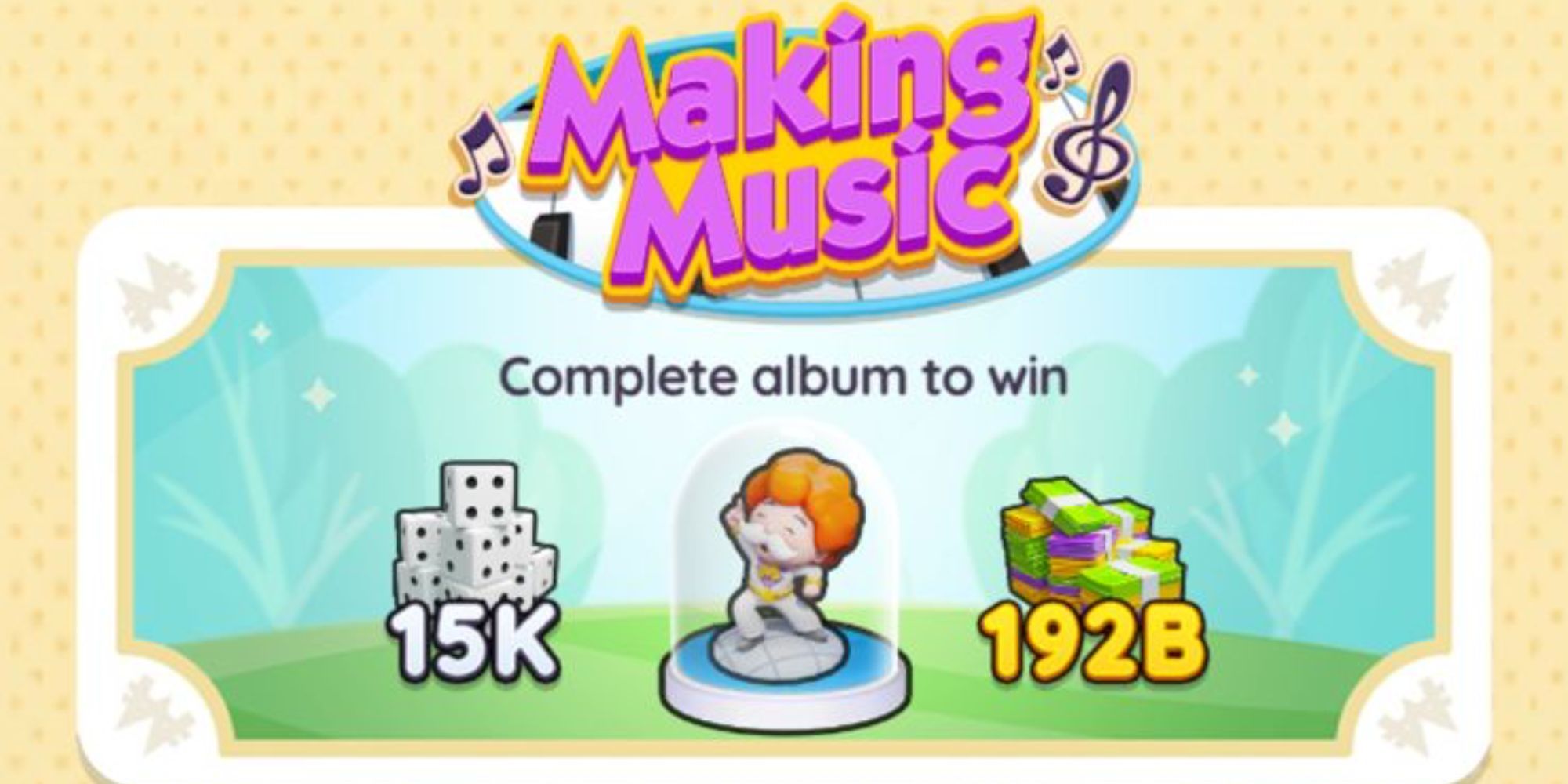Making Music album banner with rewards in Monopoly Go.