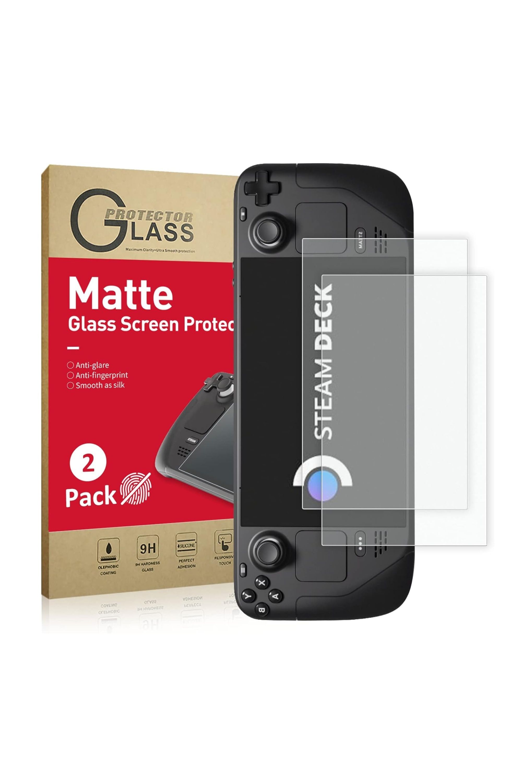 An Ambison screen protector shown against a Steam Deck for scale.