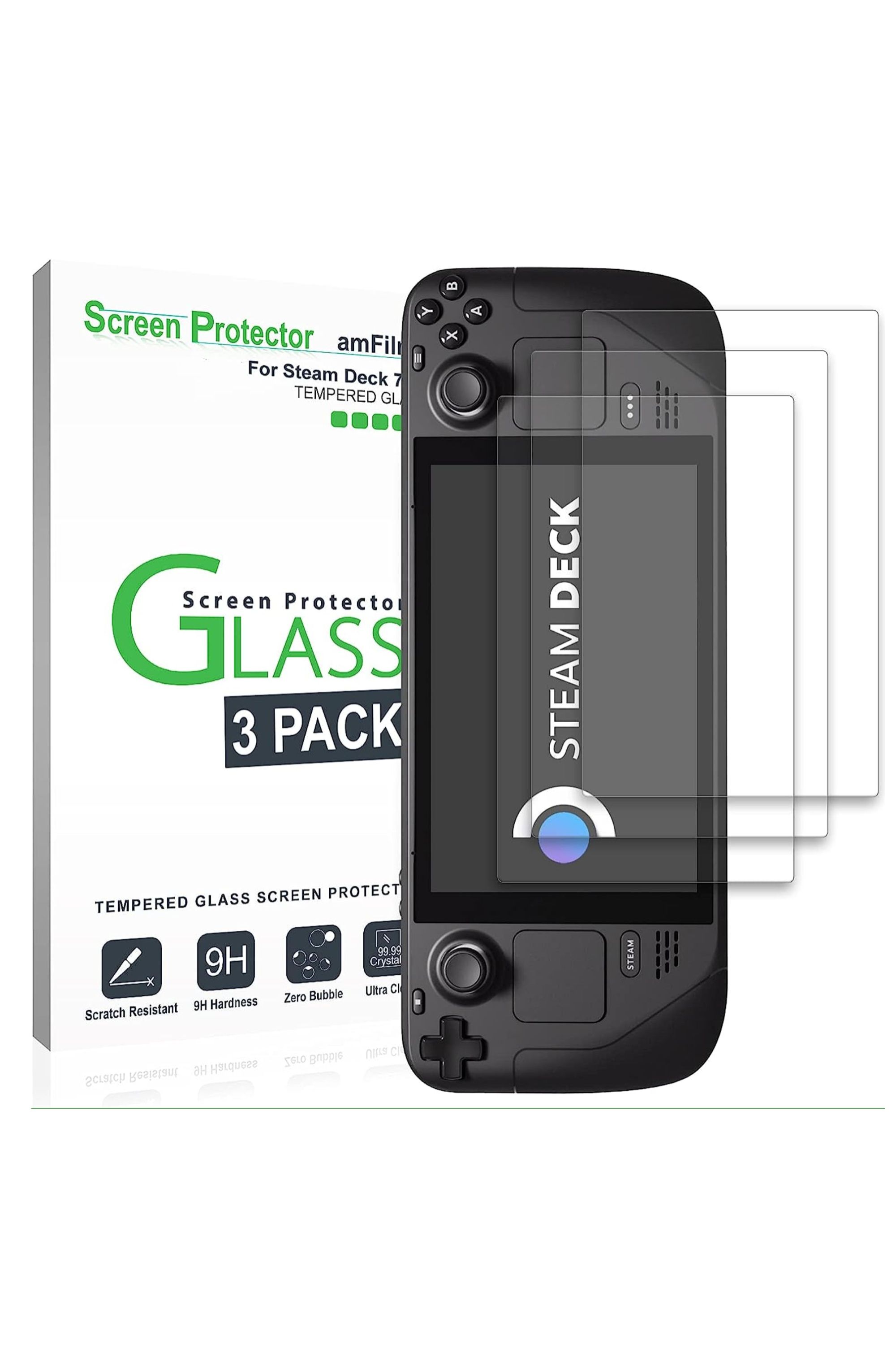 A promotional cover of the amFilm 3-pack of tempered glass Steam Deck screen protectors.