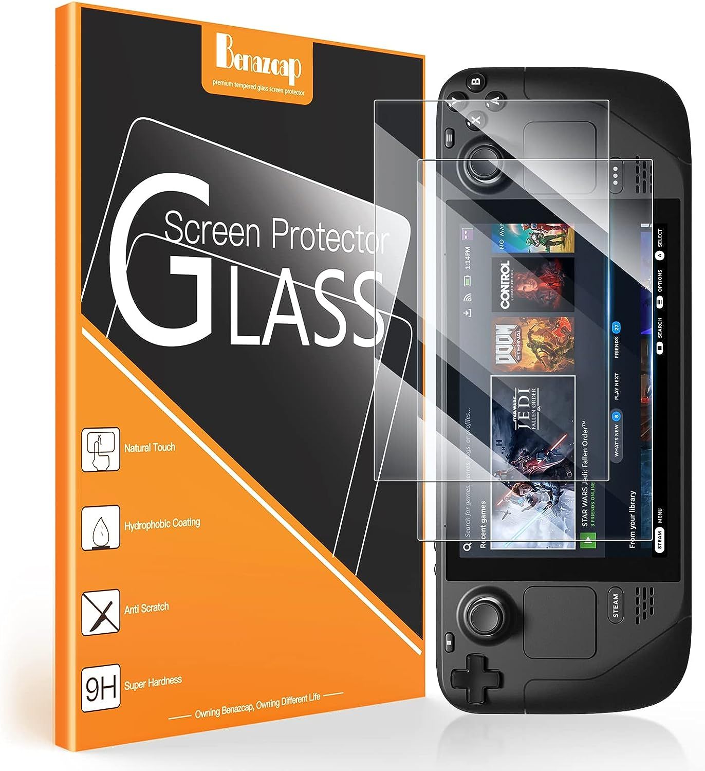Promotional imagery for the Benazcap glass screen protector set for the Steam Deck.