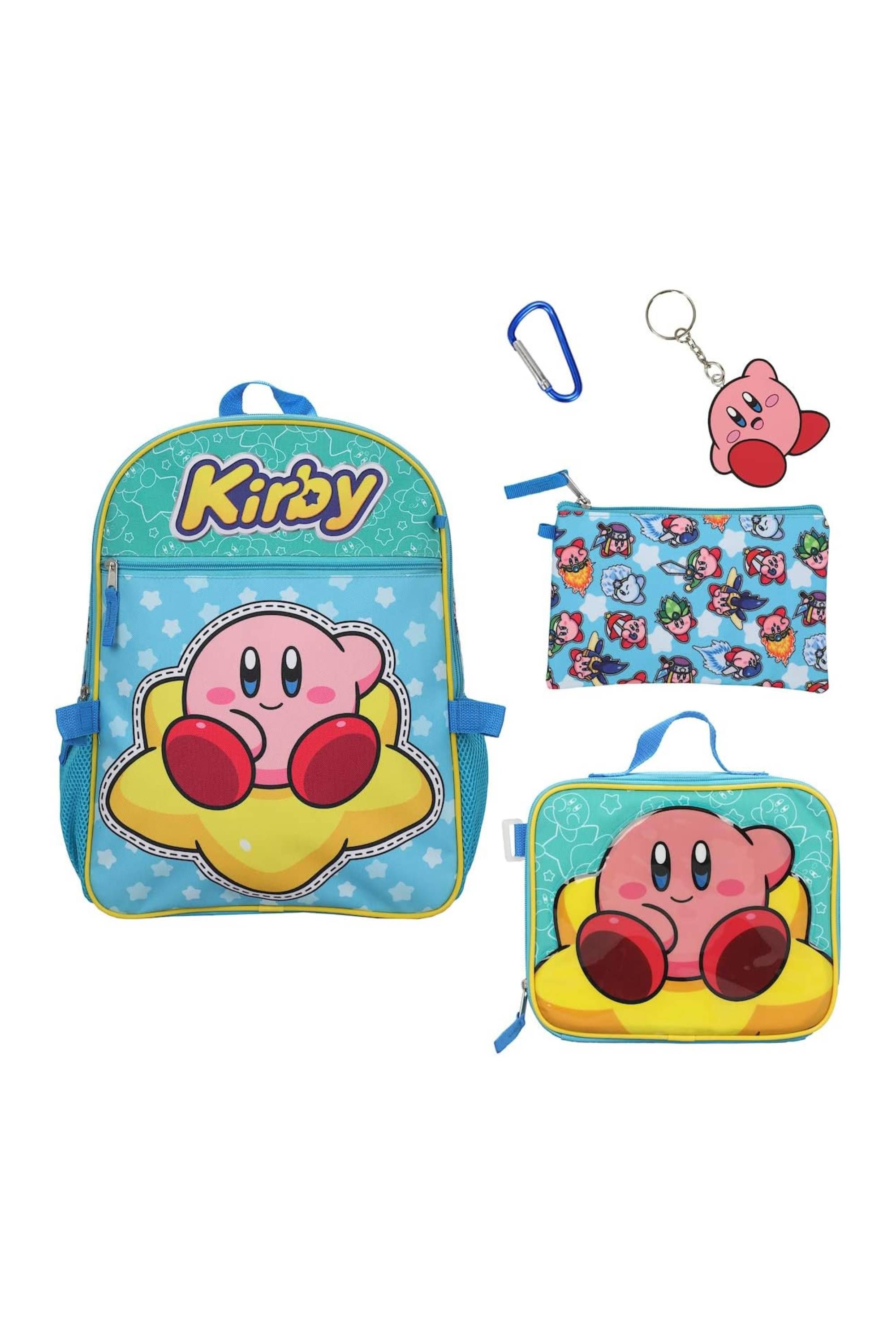 Bioworld Kirby 5-Piece Set_ 16-Inch Backpack, Lunchbox, Utility Case, Rubber Keychain, and Carabiner