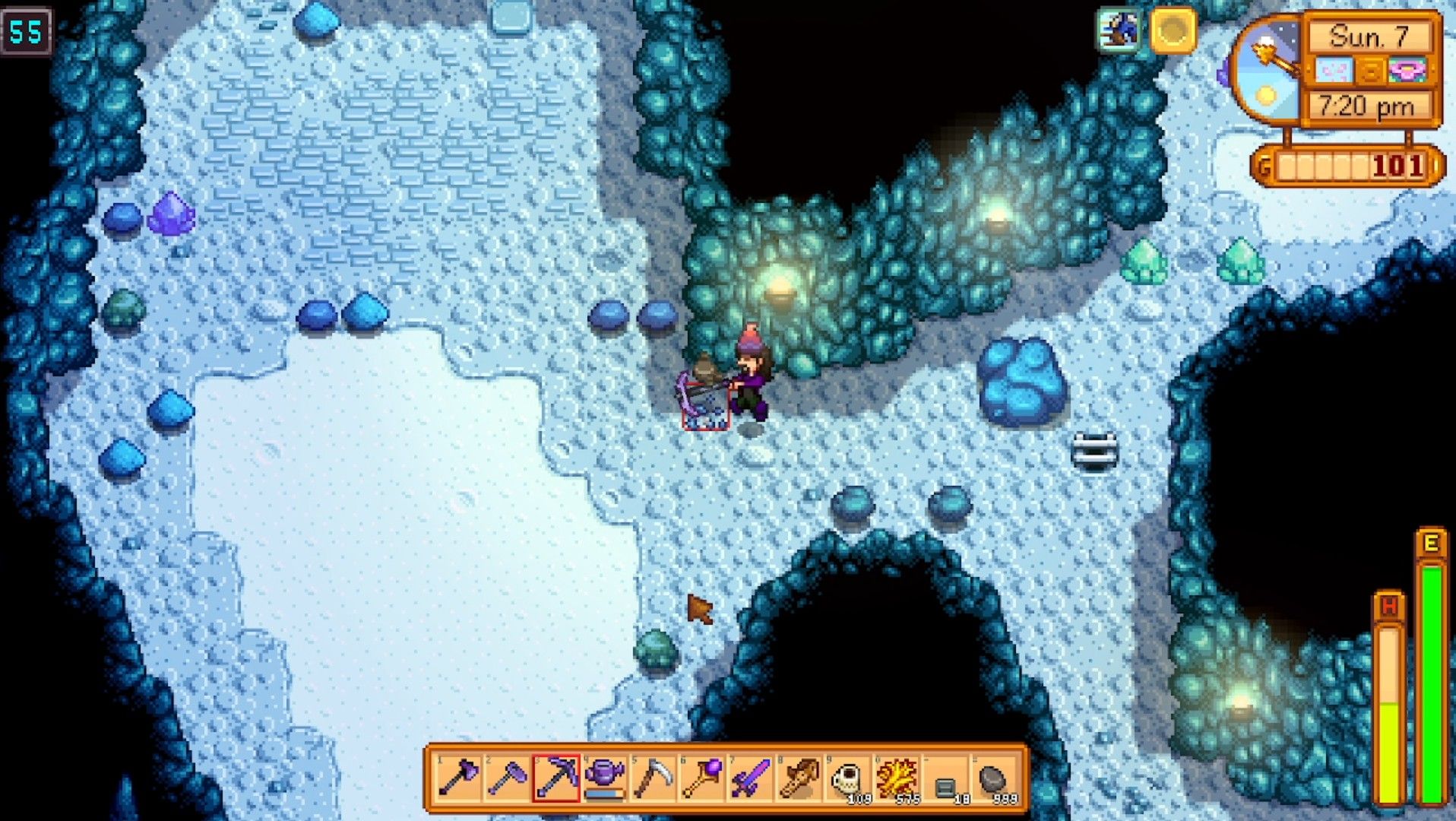 breaking rocks on floor 55 of the mines stardew valley ladder