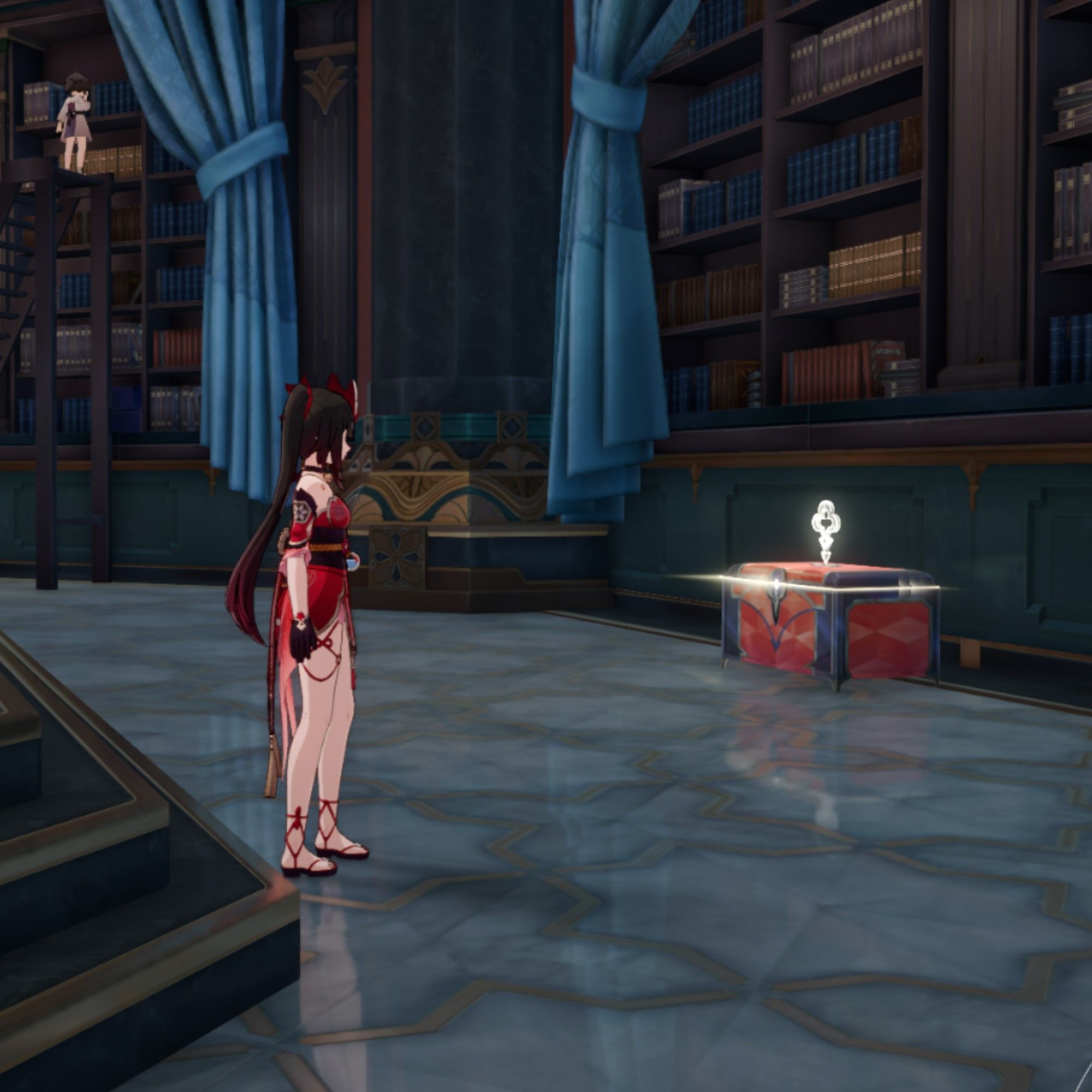 Sparkle stands in a library in Honkai Star Rail.