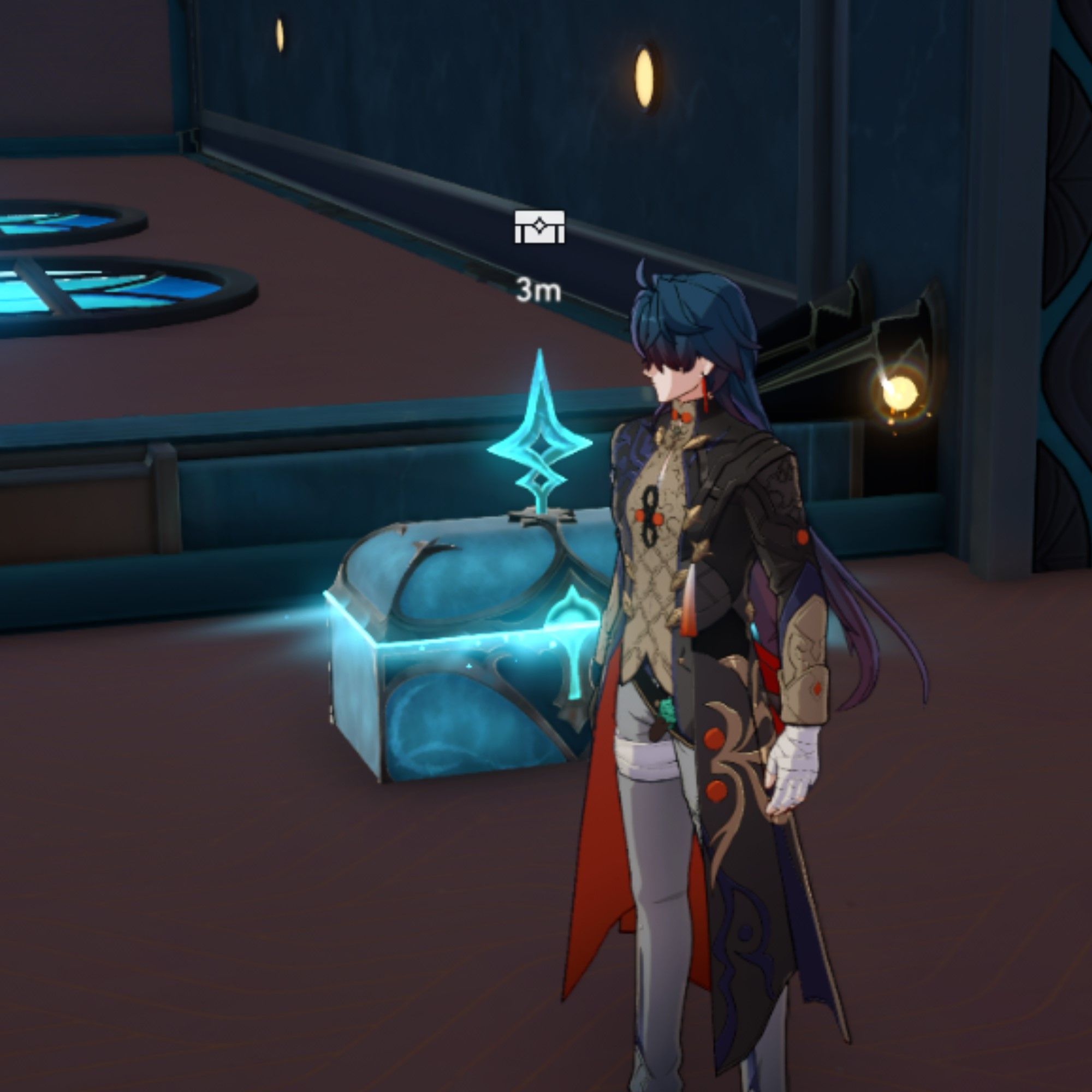 Blade stands near a blue chest in Honkai Star Rail.