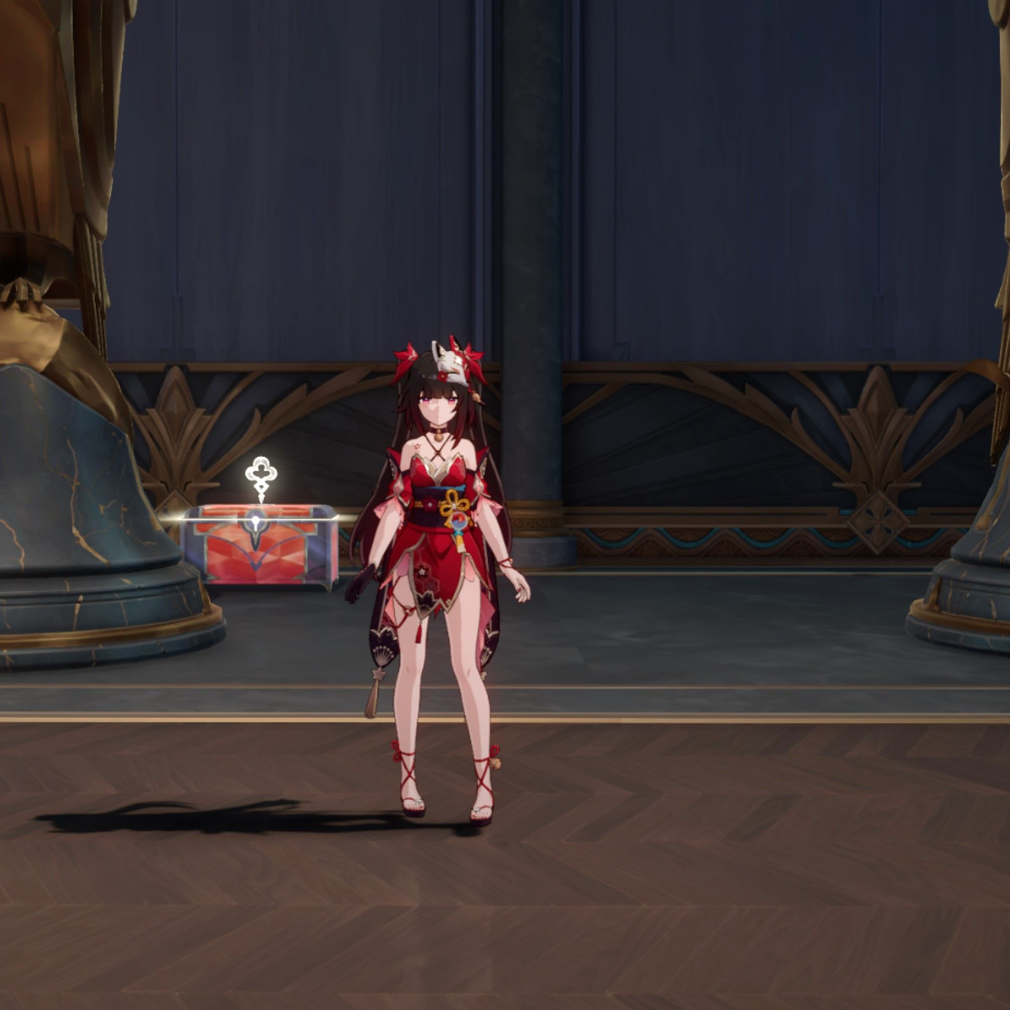 Sparkle stands between two statues in Honkai: Star Rail.