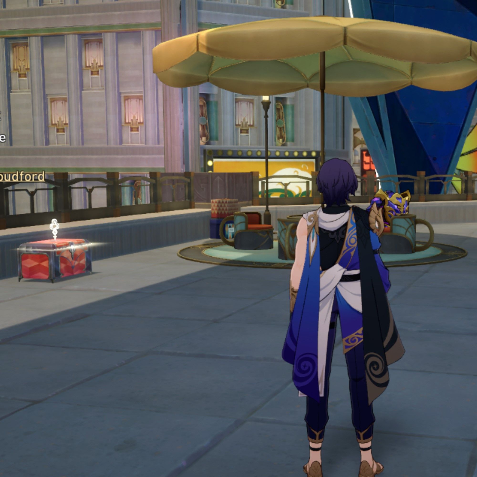 Ratio stands near an umbrella and a chest in Honkai Star Rail.