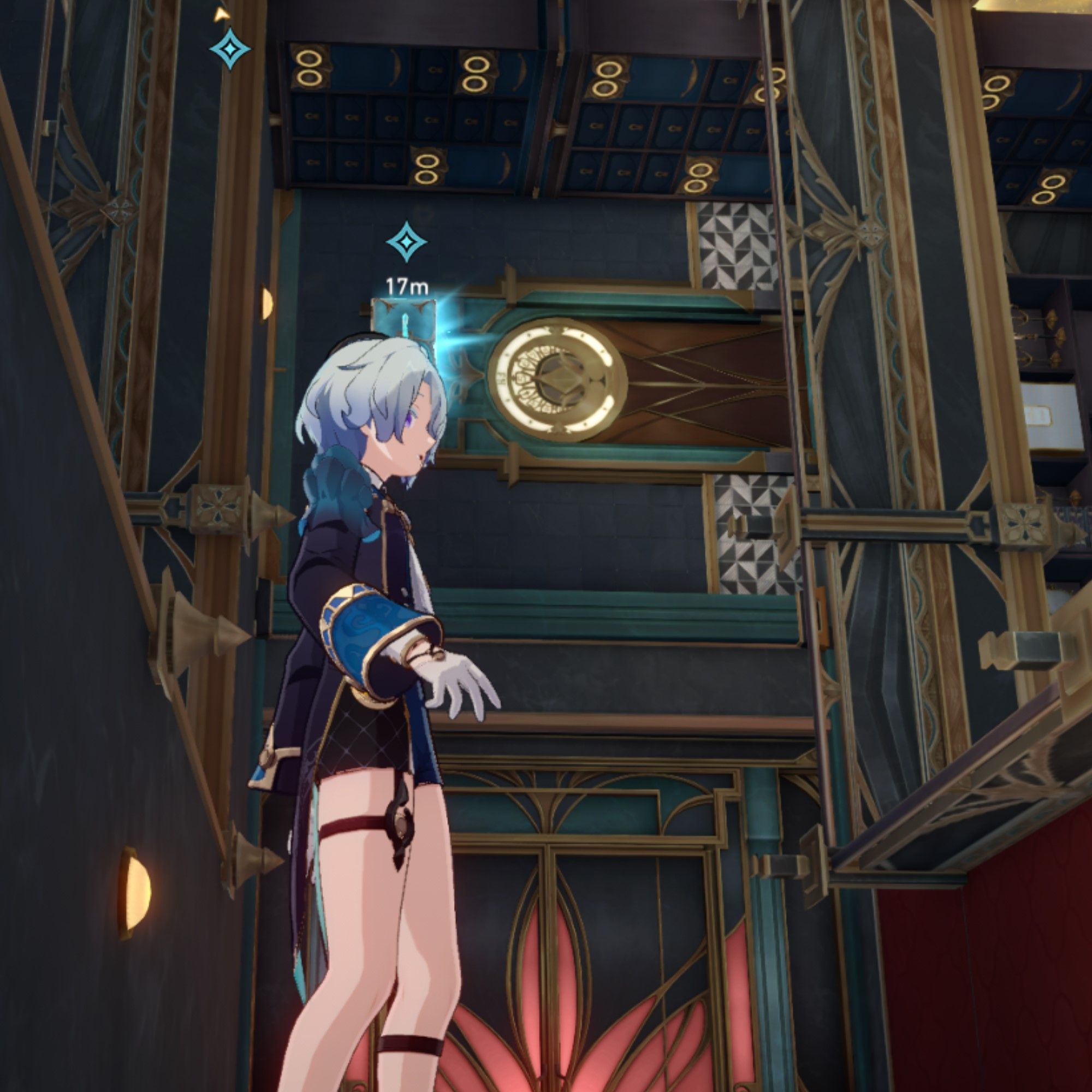 Misha stands near a chest on a wall.