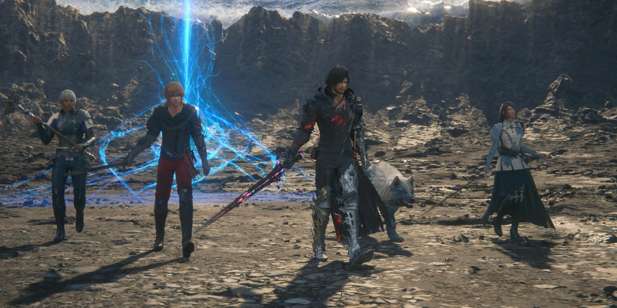 Final Fantasy 16 The Rising Tide Clive, Joshua, Jill, Torgal, and Shula walk away from the baby