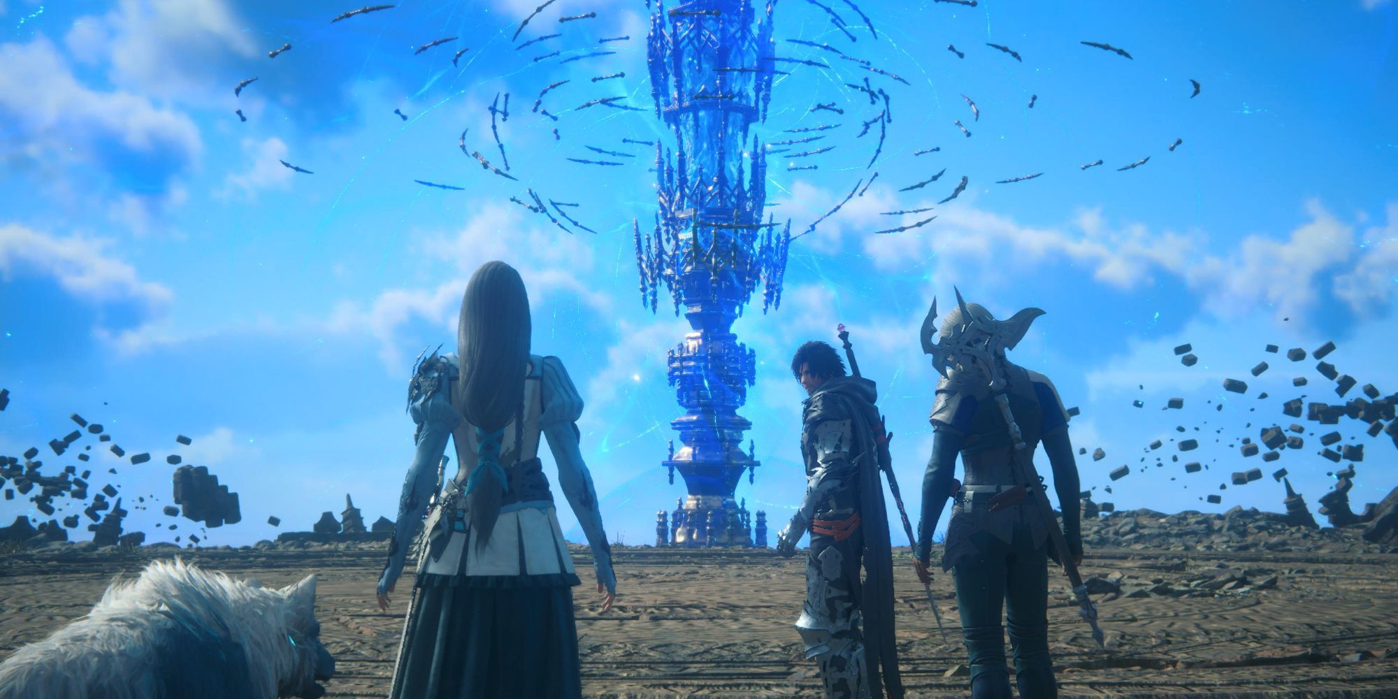 Final Fantasy 16 The Rising Tide Clive, Shula, Jill, and Torgal look at a spire