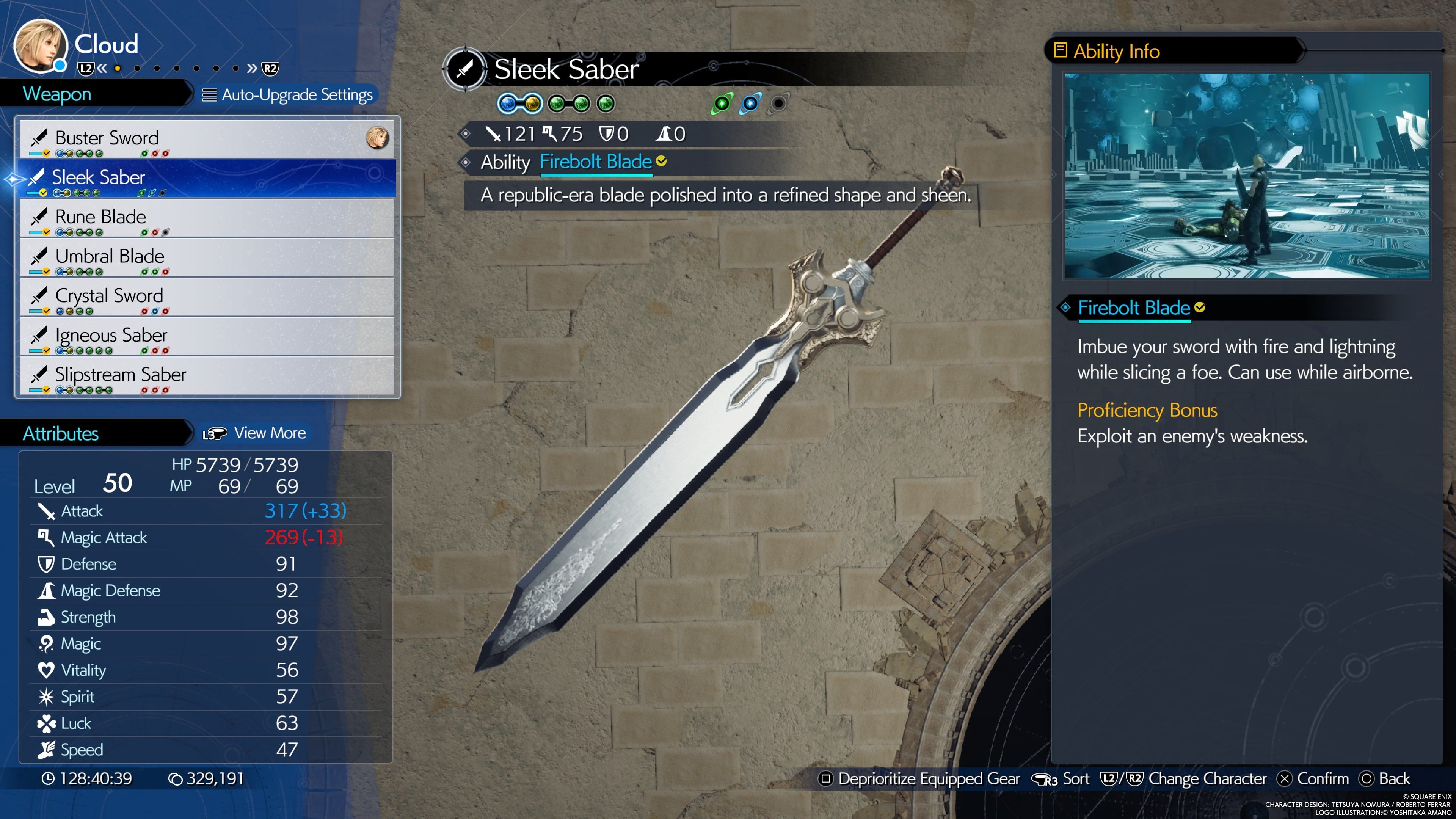 FINAL FANTASY VII REBIRTH Sleek Saber in the in-game menu