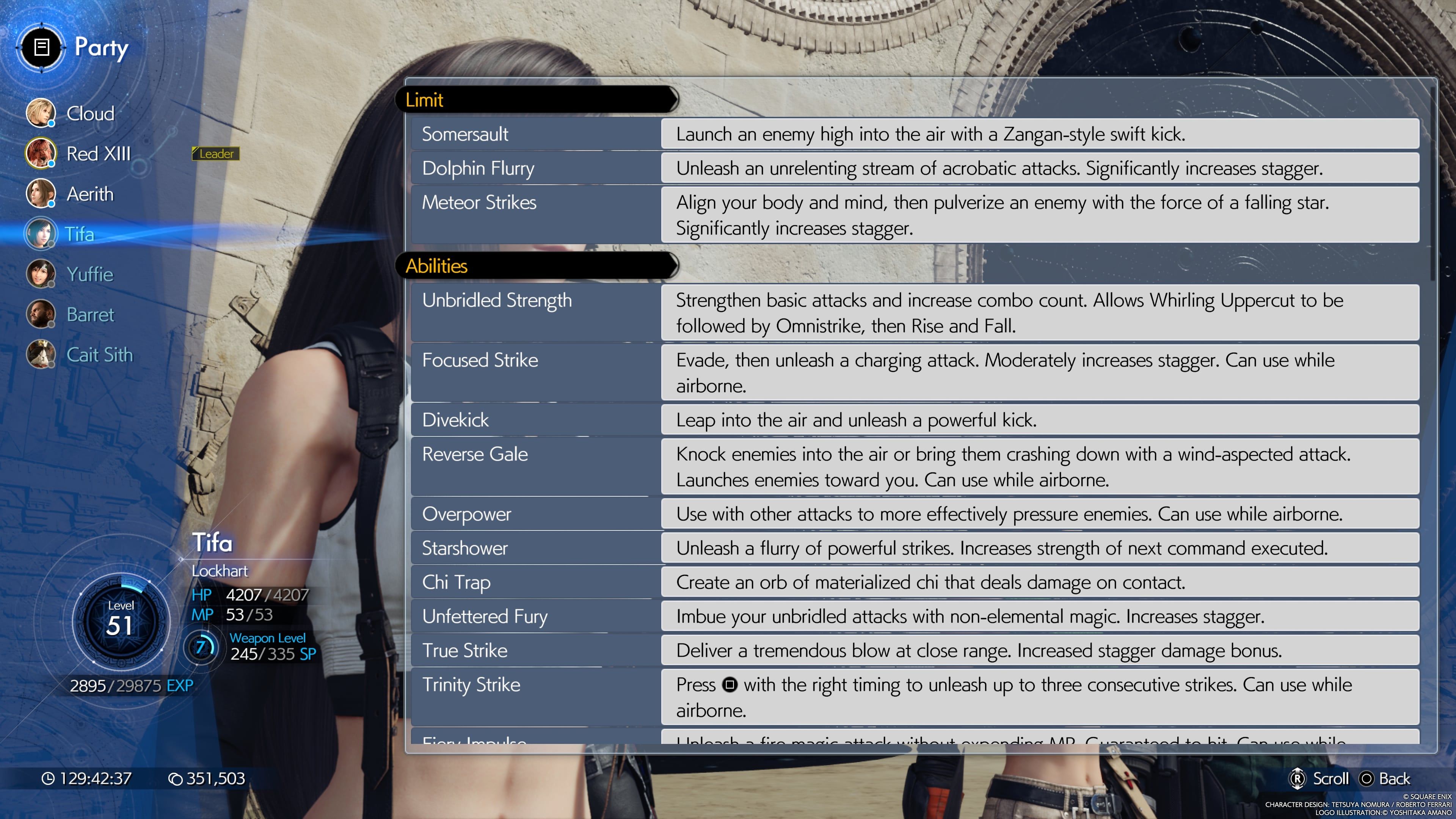 FINAL FANTASY VII REBIRTH Tifa Limits And Abilities as seen in the in-game menu