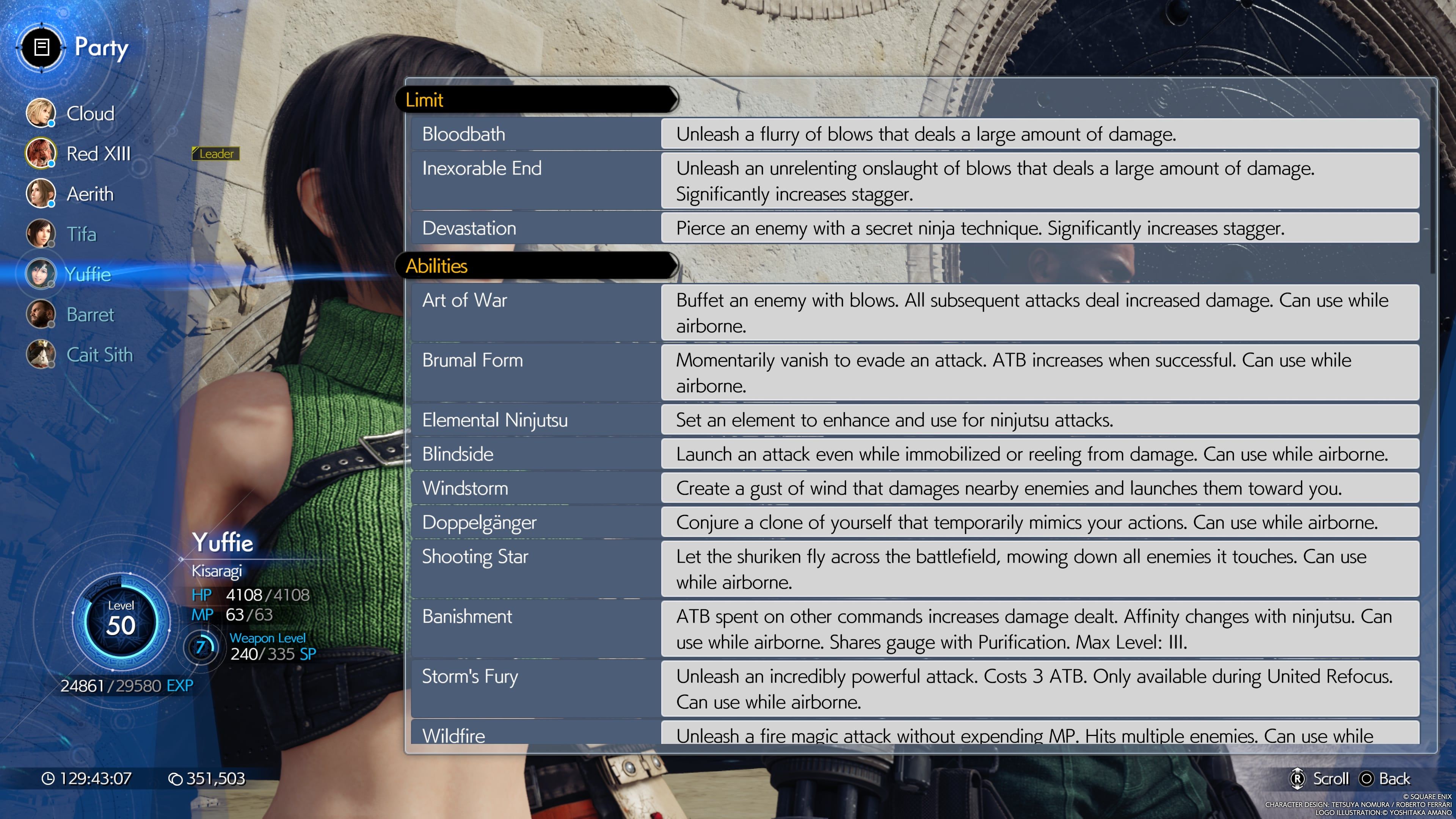 FINAL FANTASY VII REBIRTH Yuffie Limits And Abilities seen in the in-game menu
