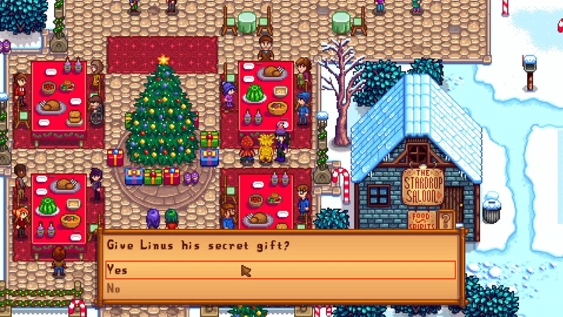giving linus a gift at the feast of the winter star stardew valley