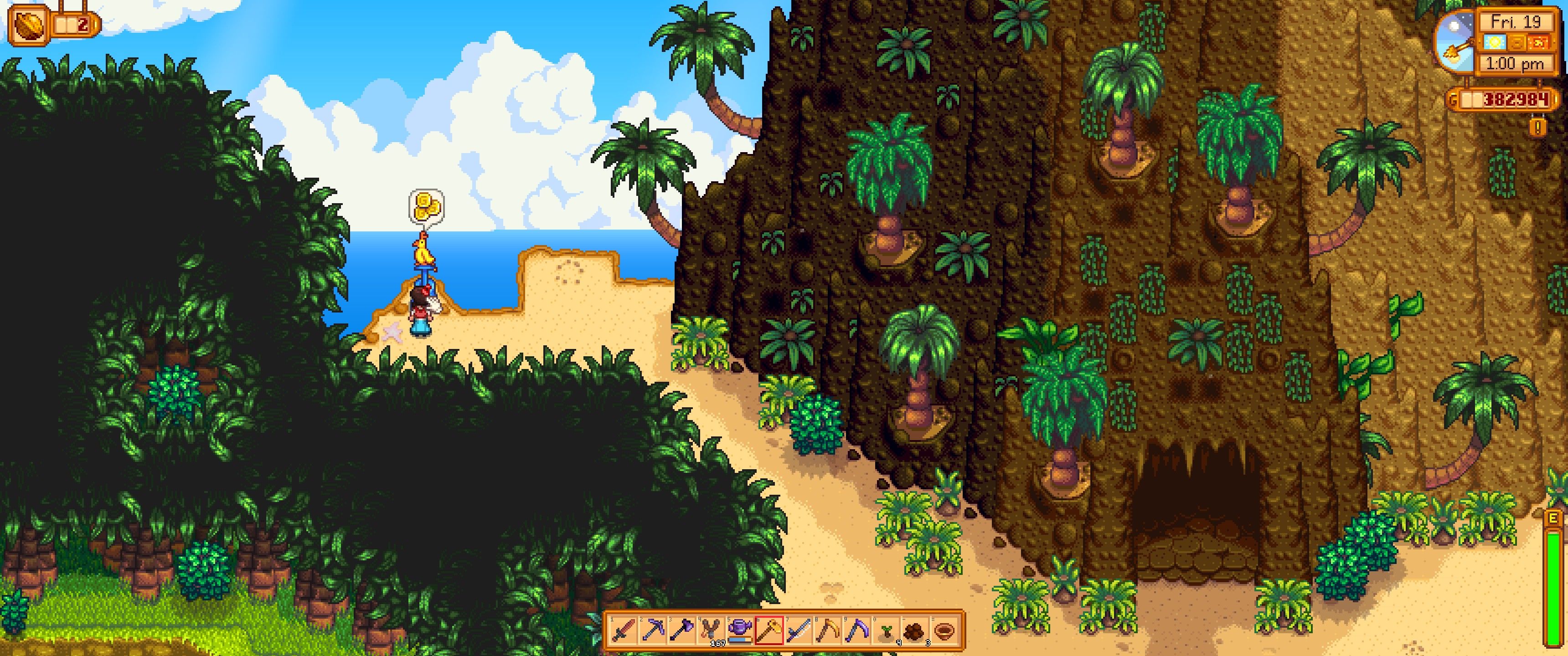 Stardew Valley: The player stands in front of the Golden Joja Parrot 