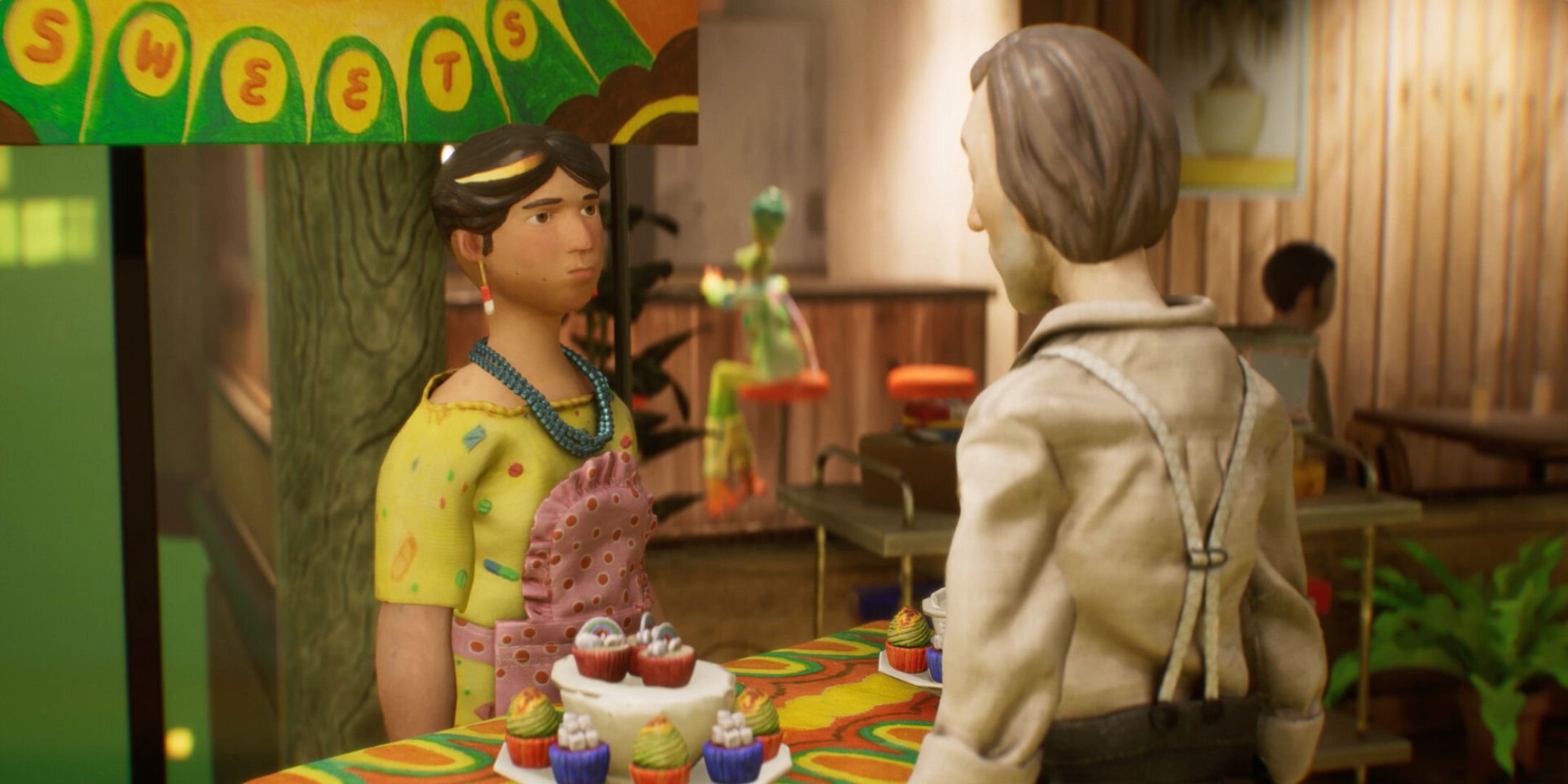 Harold Halibut Talking to person behind Sweets Stall