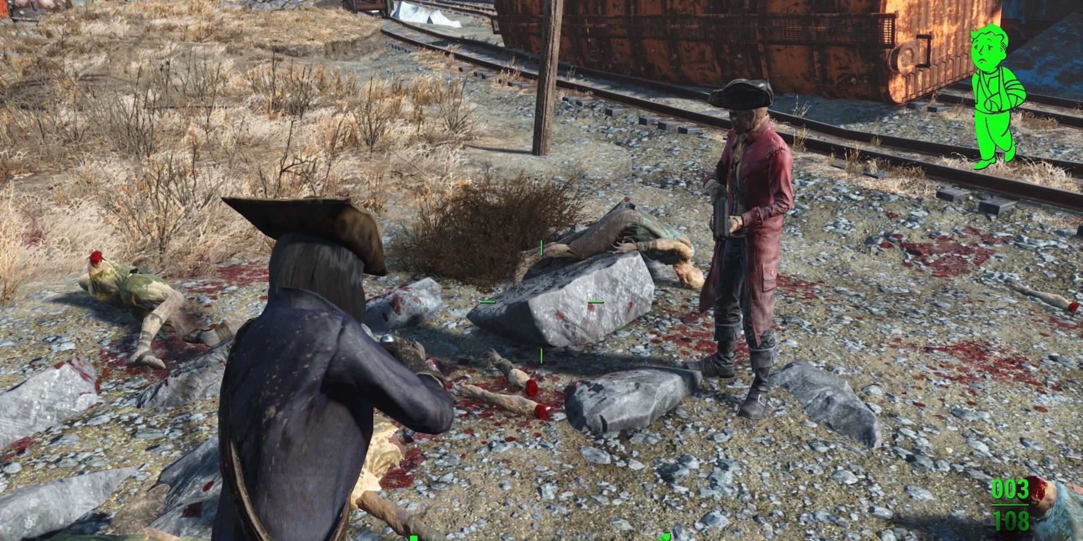 The player and Hancock, a ghoul companion, stand over dead ghouls