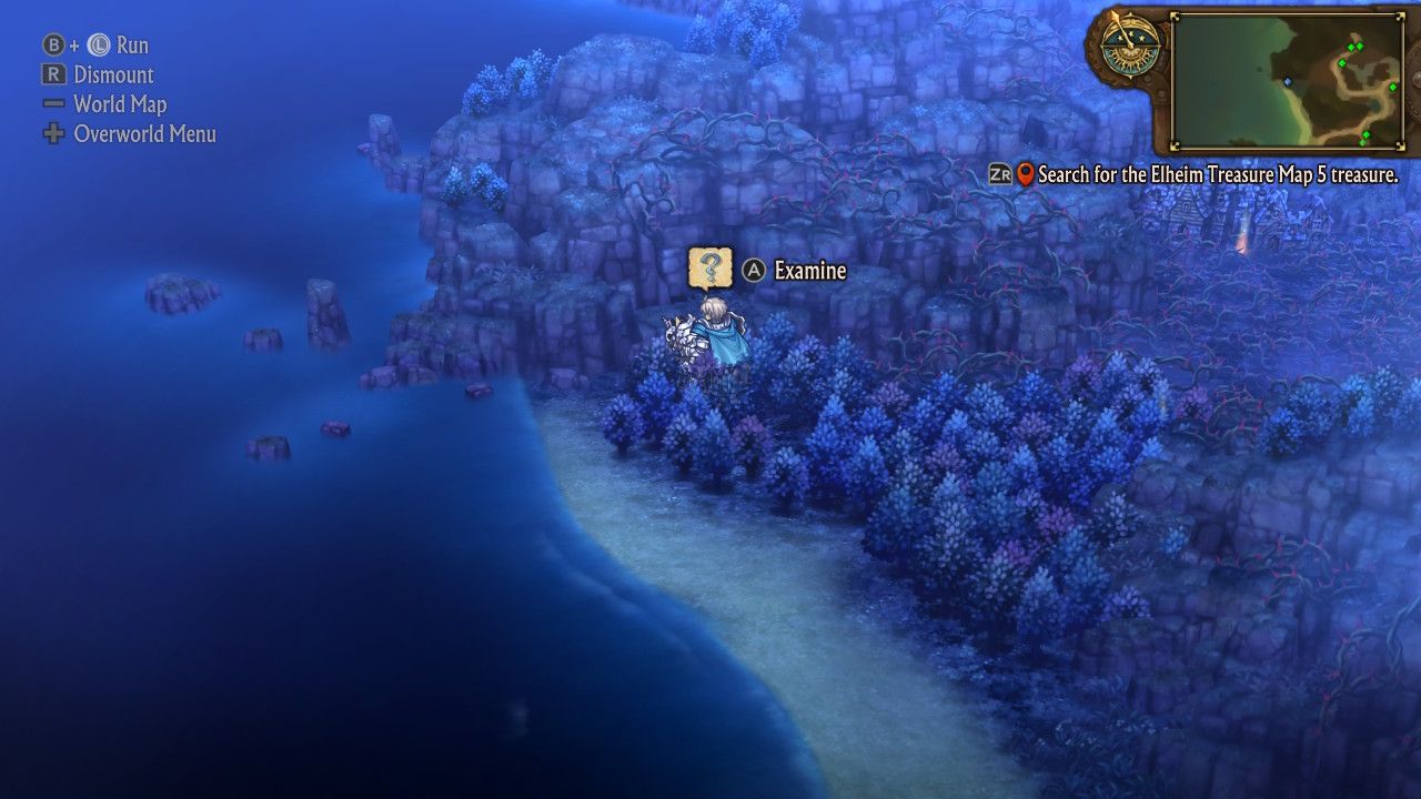 A screenshot of Alain examining a hidden treasure in Unicorn Overlord