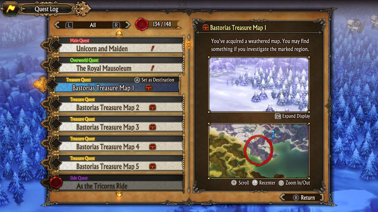 A screenshot of the quest menu in Unicorn Overlord