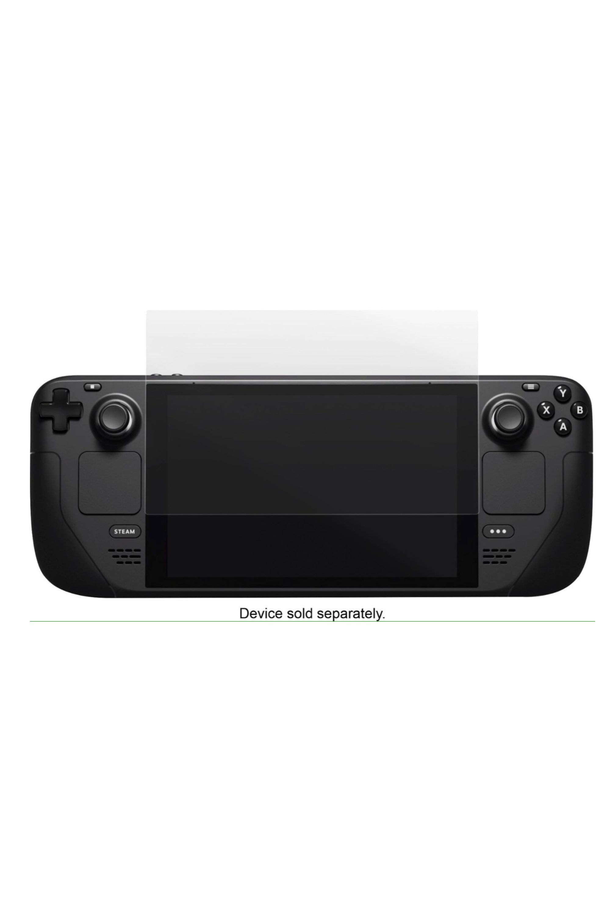 A Steam Deck with an Insignia-brand screen cover half-on to show its transparency.