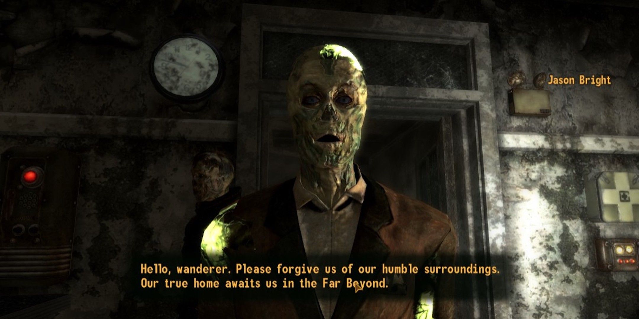 A glowing one ghoul greets the player. The text reads: "Hello, wanderer. Please forgive us of out humble surroundings. Our true home awaits us in the Far Beyond."