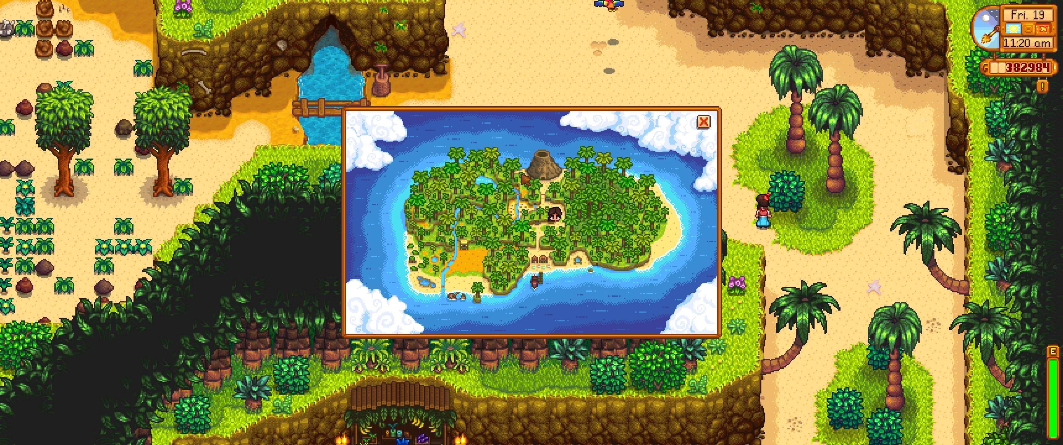 Stardew Valley: An image of the map of Ginger Island, with the player's cursor hovering over the location of the Golden Joja Parrot