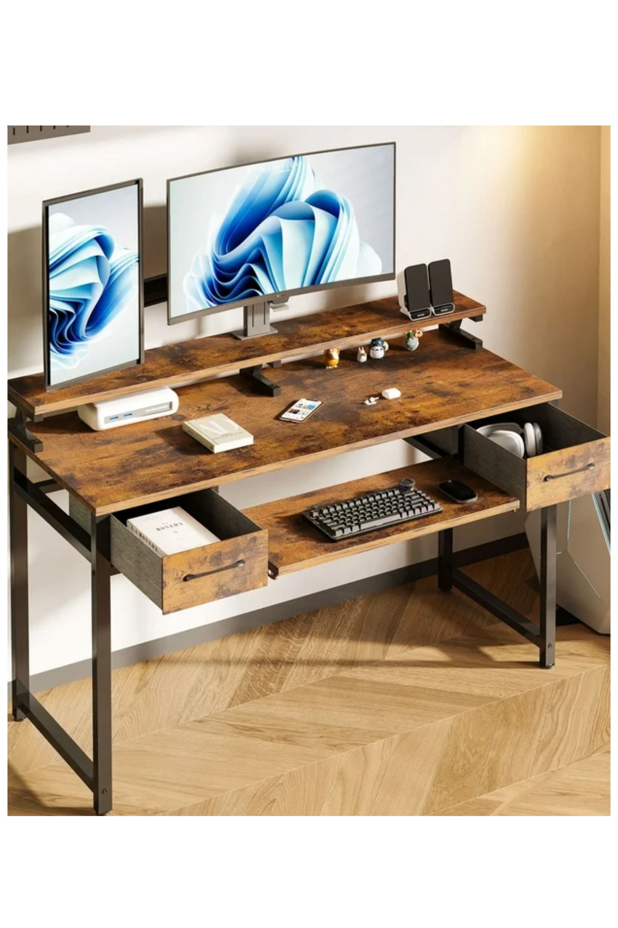 The KKL Desk with a rustic wood display, two displays, and a keyboard tray.
