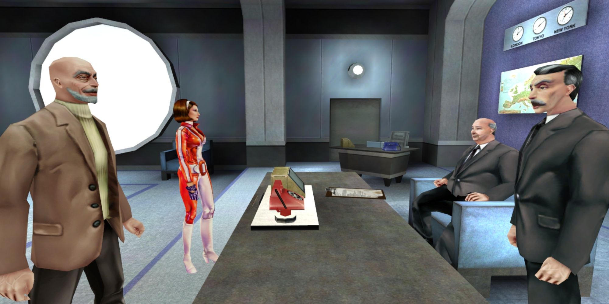 No One Lives Forever Cate in a meeting with three men