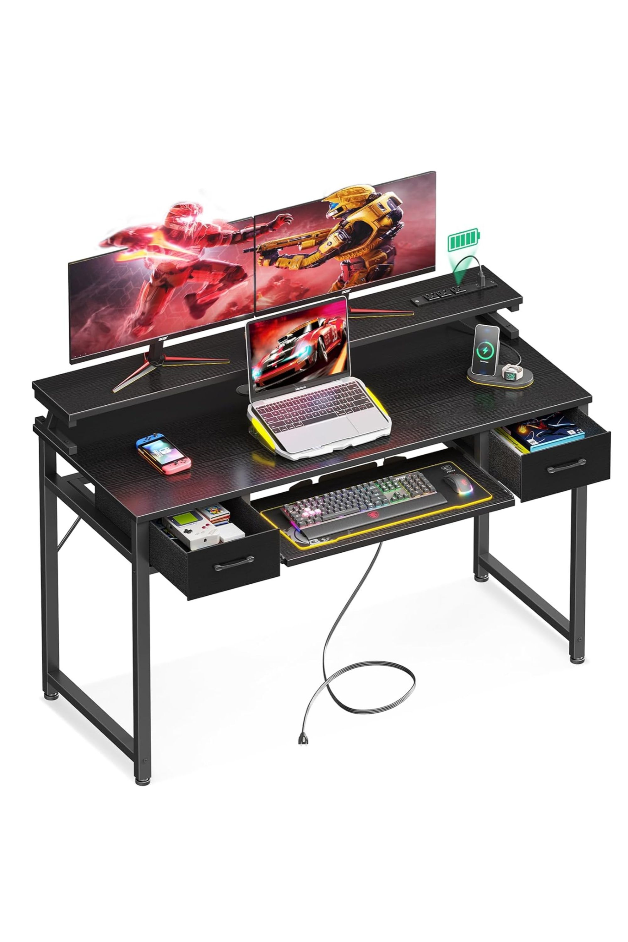 A three-tiered black ODK desk with two displays, a laptop, opened drawers, and a keyboard tray.