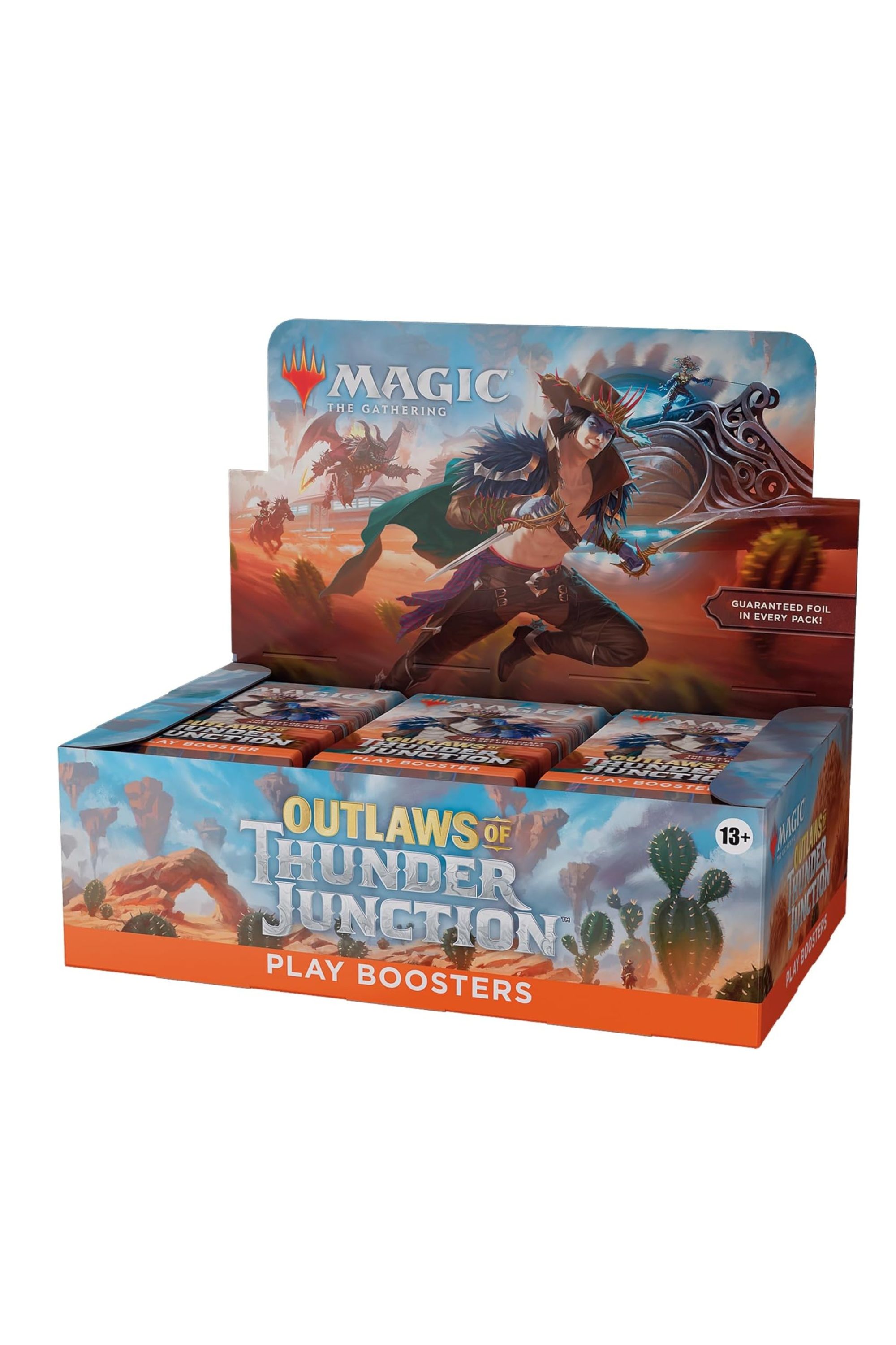 A promotional image for the Magic: The Gathering block Outlaws of Thunder Junction's play boosters box.