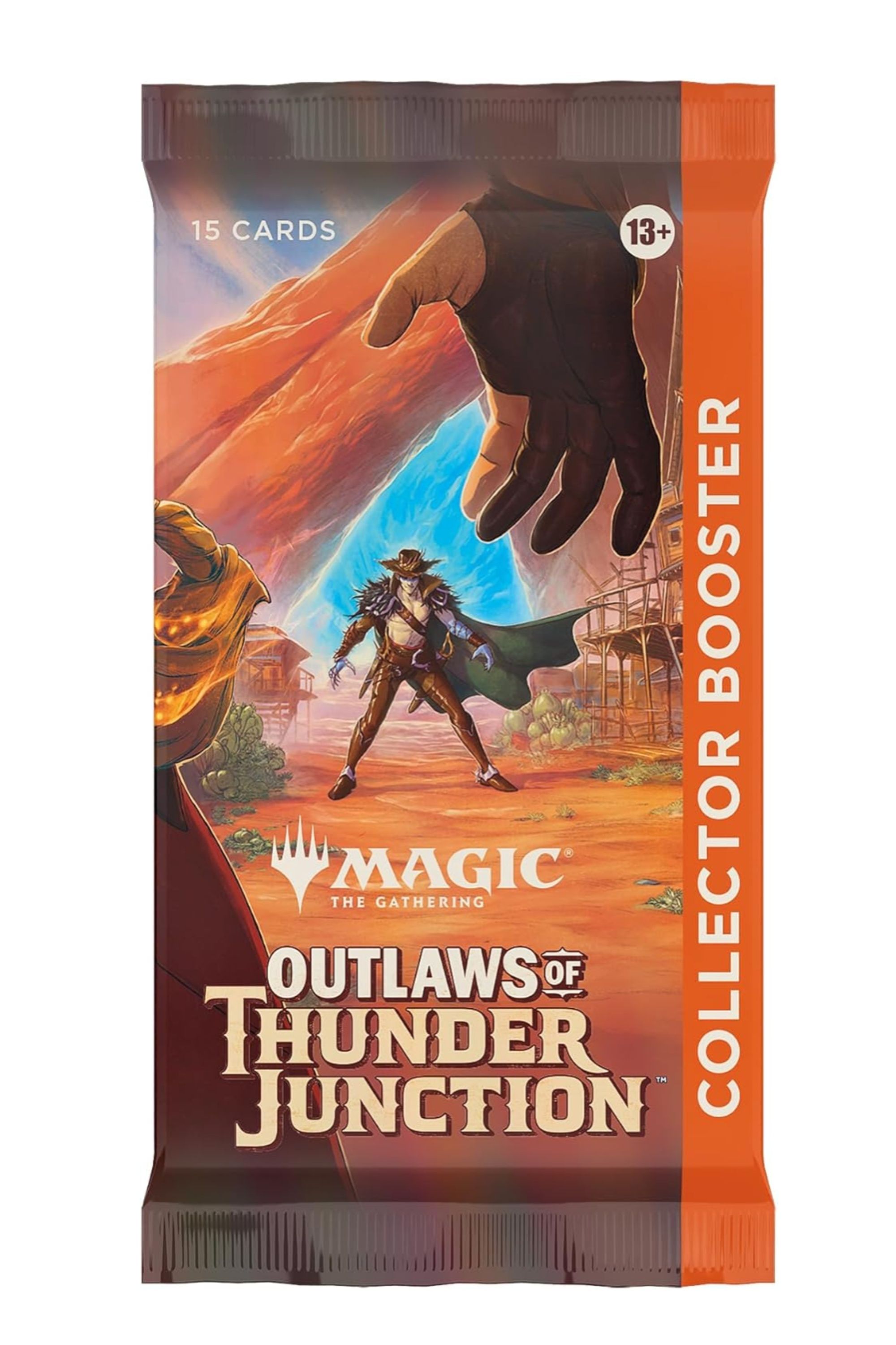 A single collector booster for the Magic: The Gathering block Outlaws of Thunder Junction.