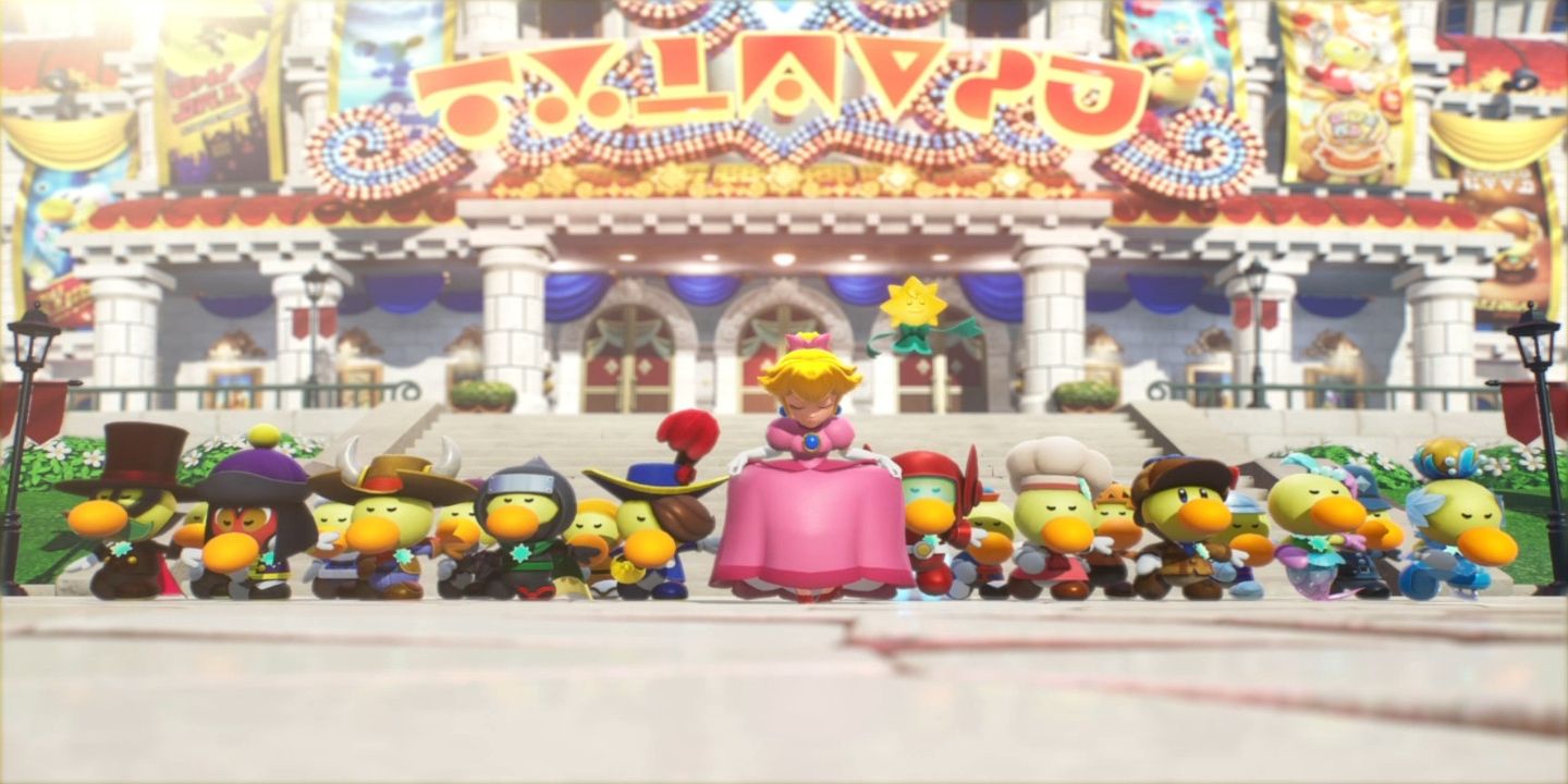 Peach bowing with group of Theets from Princess Peach Showtime!