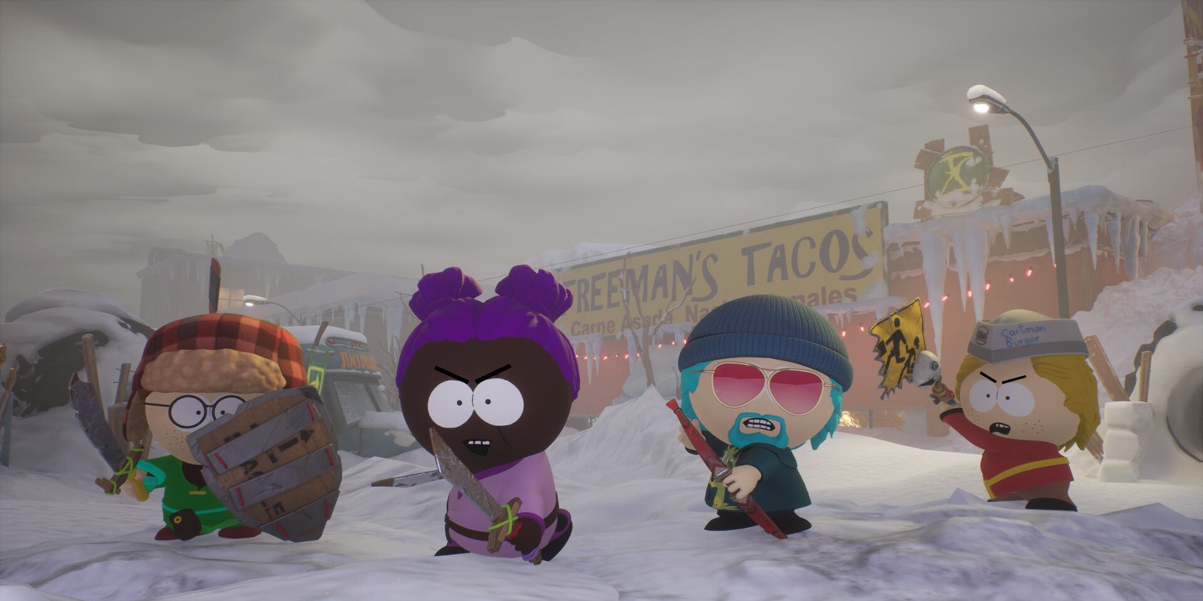 Players readying their weapons from South Park Snow Day! with Freeman's Tacos in view.