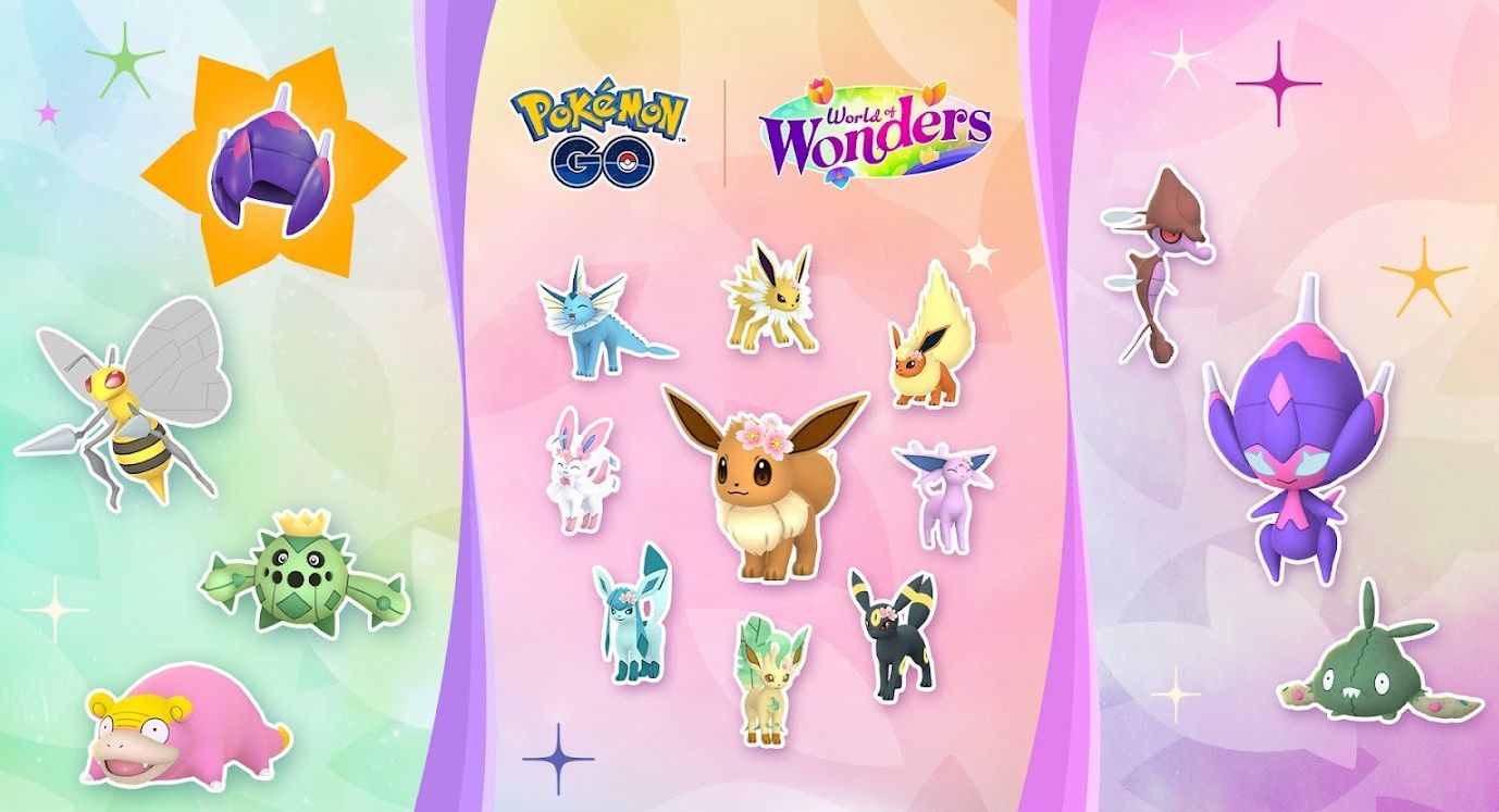 Image split into three parts with different Pokemon including Beedrill, all Eeveelutions, and Poipole