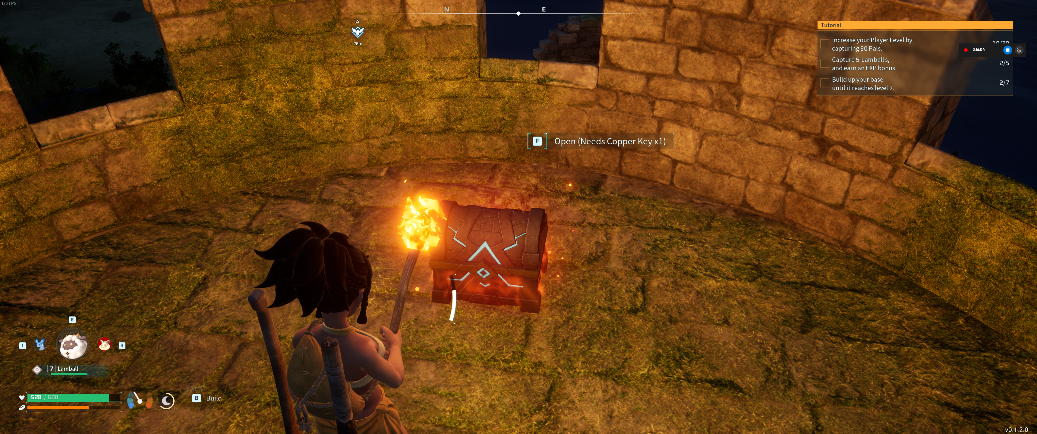Palworld: The player stands in front of a locked Copper chest with a notification above it telling them they are missing a Copper Key.