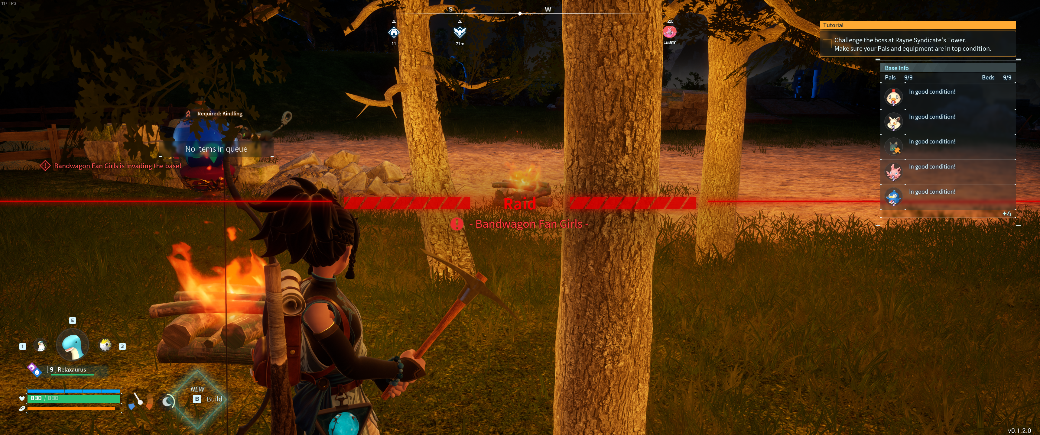 Palworld: The player defends their base from a raid of Bandwagon Fangirls.