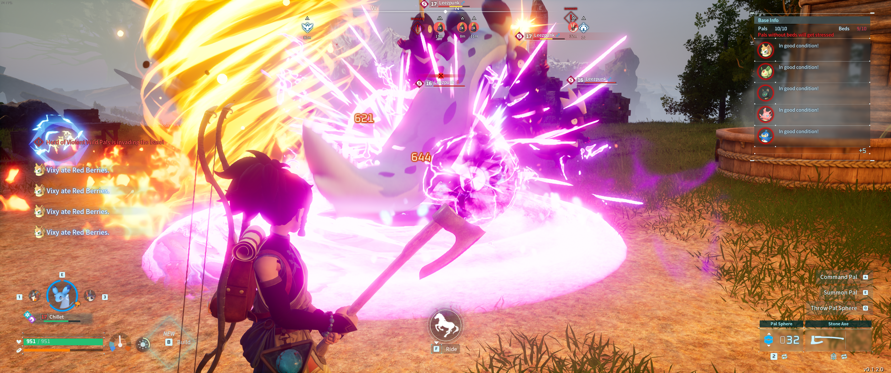 Palworld: The player and Chillet defend their base from a Raid.