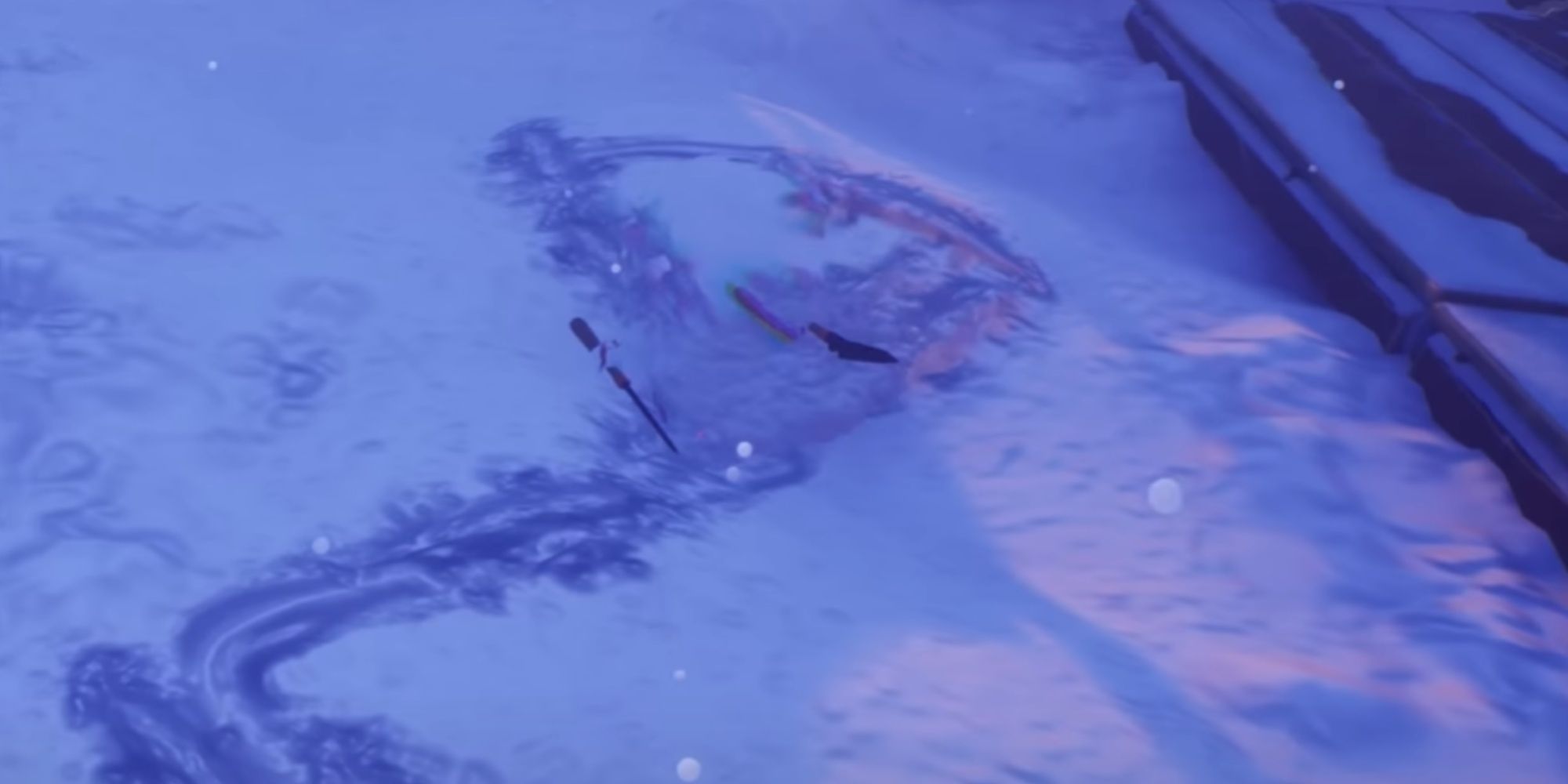 Close-up of an invisible Assassin enemy in South Park Snow Day!, daggers visible and character model covered in a translucent invisible cloak. 