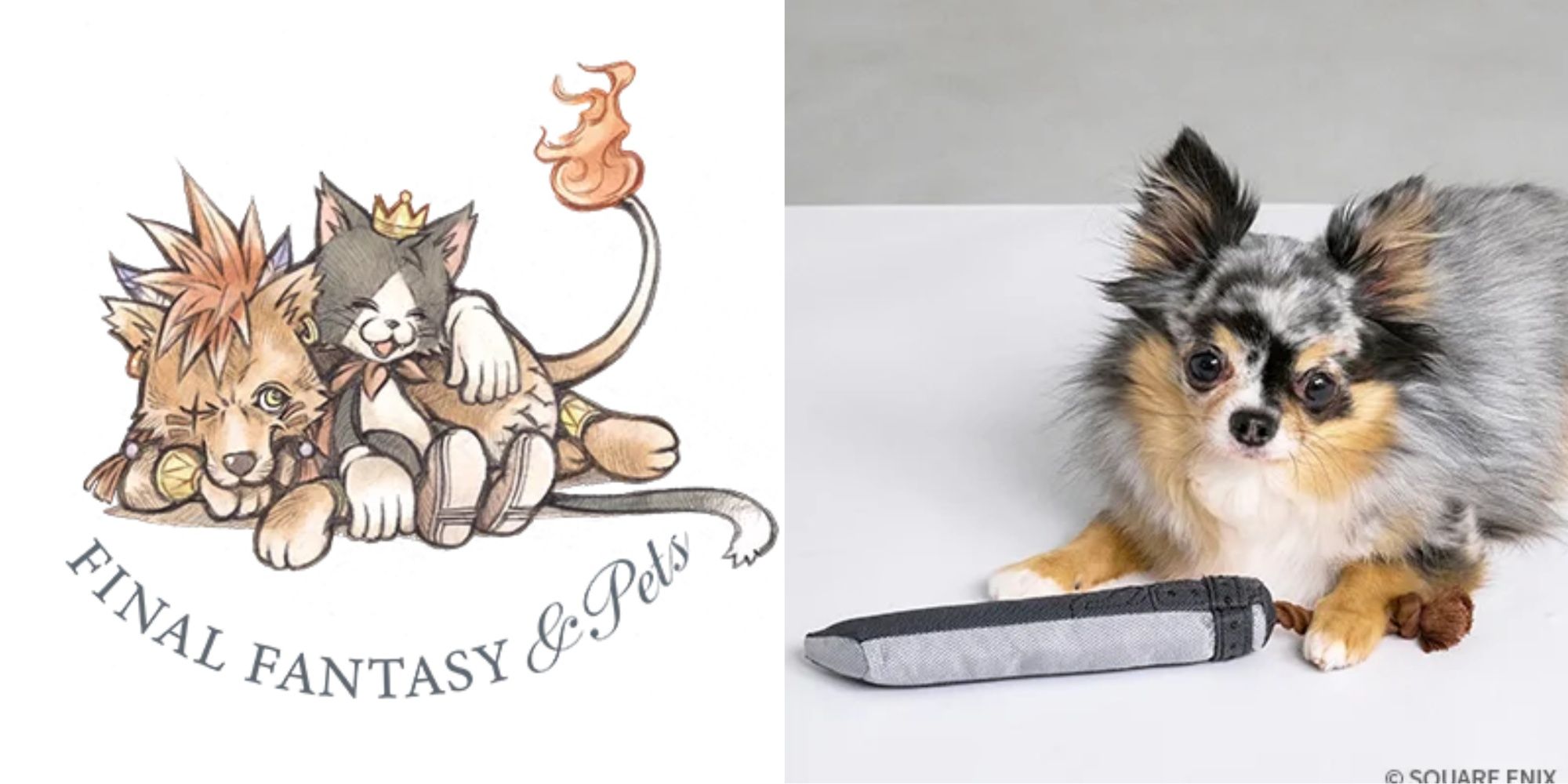Split image of official art for Final Fantasy and Pets and a dog with a Buster Sword rope toy