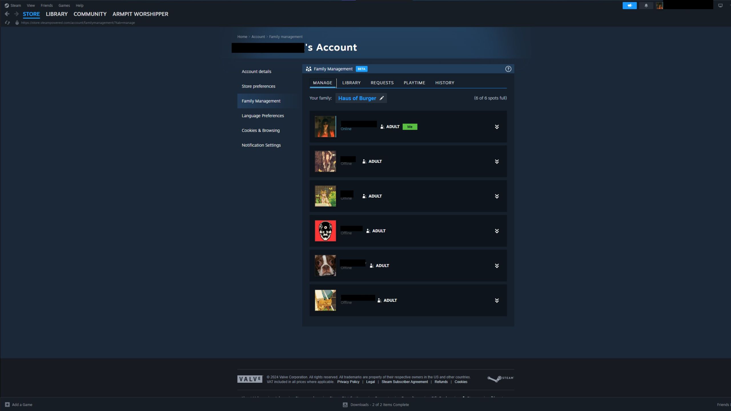 An image from Steam Family of a Member List, which showcases each member of your family, their status, and if they are an adult or child.