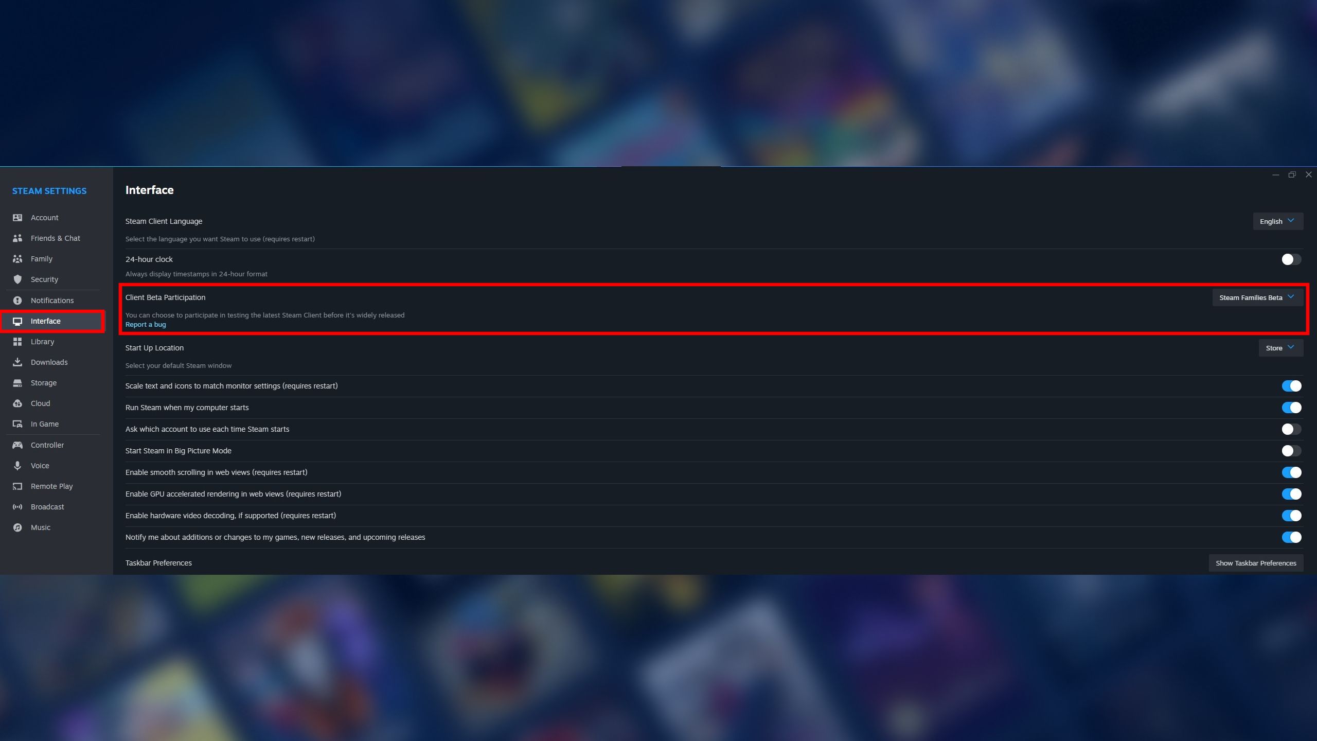 An image from the Steam Settings showcasing how to enable the Steam Families Beta Client