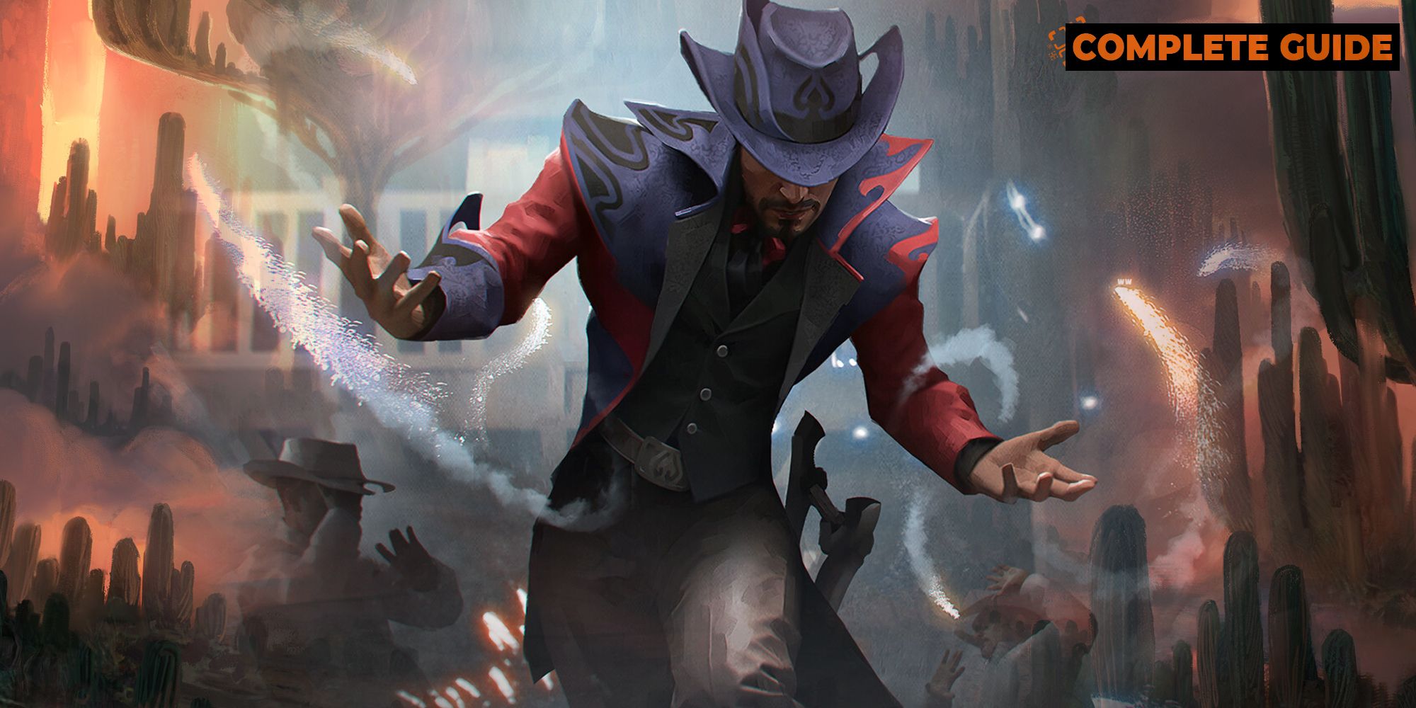 A cowboy stood infront of a desert with giant cacti in MTG