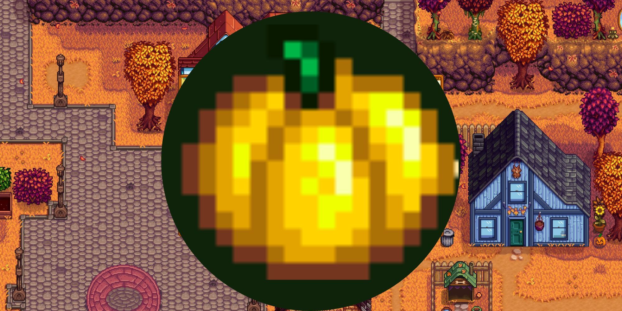 Stardew Valley: An image of the Golden Pumpkin over Pelican Town in the fall. 