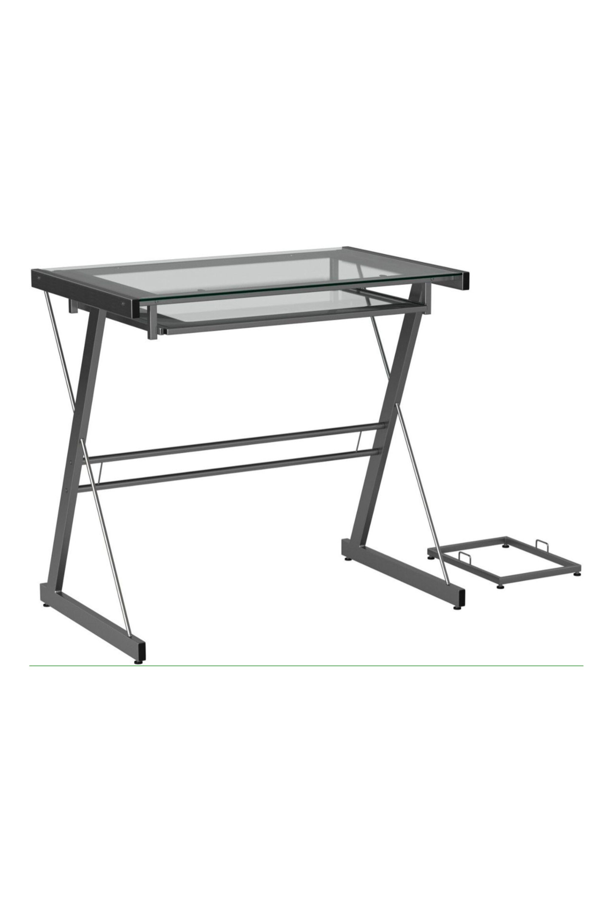 A simple silver metal and glass desk with a keyboard tray.